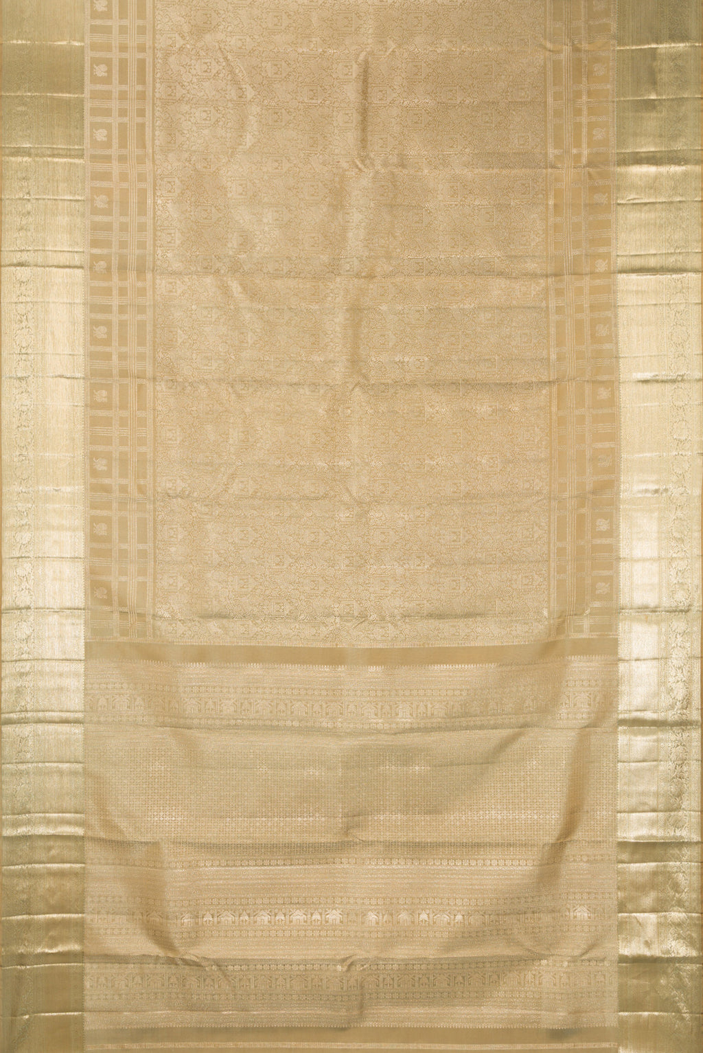 Flat view of Pure Silk Beige Kanjivaram Saree with Zari Brocade on the body and Fancy Border. 