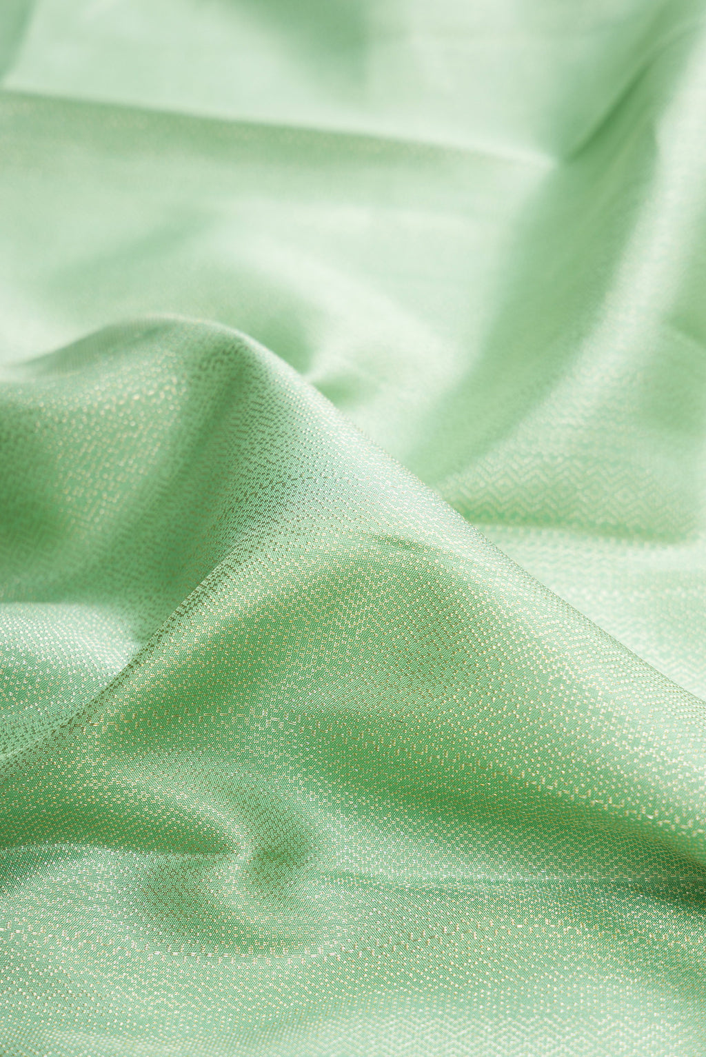 Close up of Pure Silk Pista Green Kanjivaram Saree with Zari Brocade on the body and Fancy Border.  displaying folds