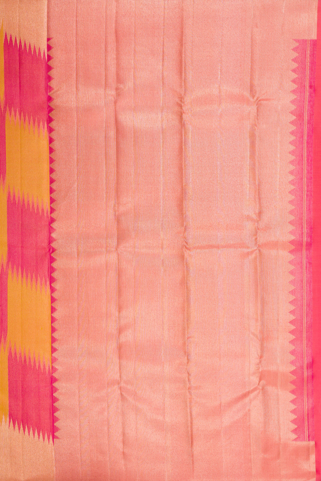 Close up image of the pallu of Pure Silk Multi Color Kanjivaram Saree with Zari Brocade on the body and Zari Border. 
