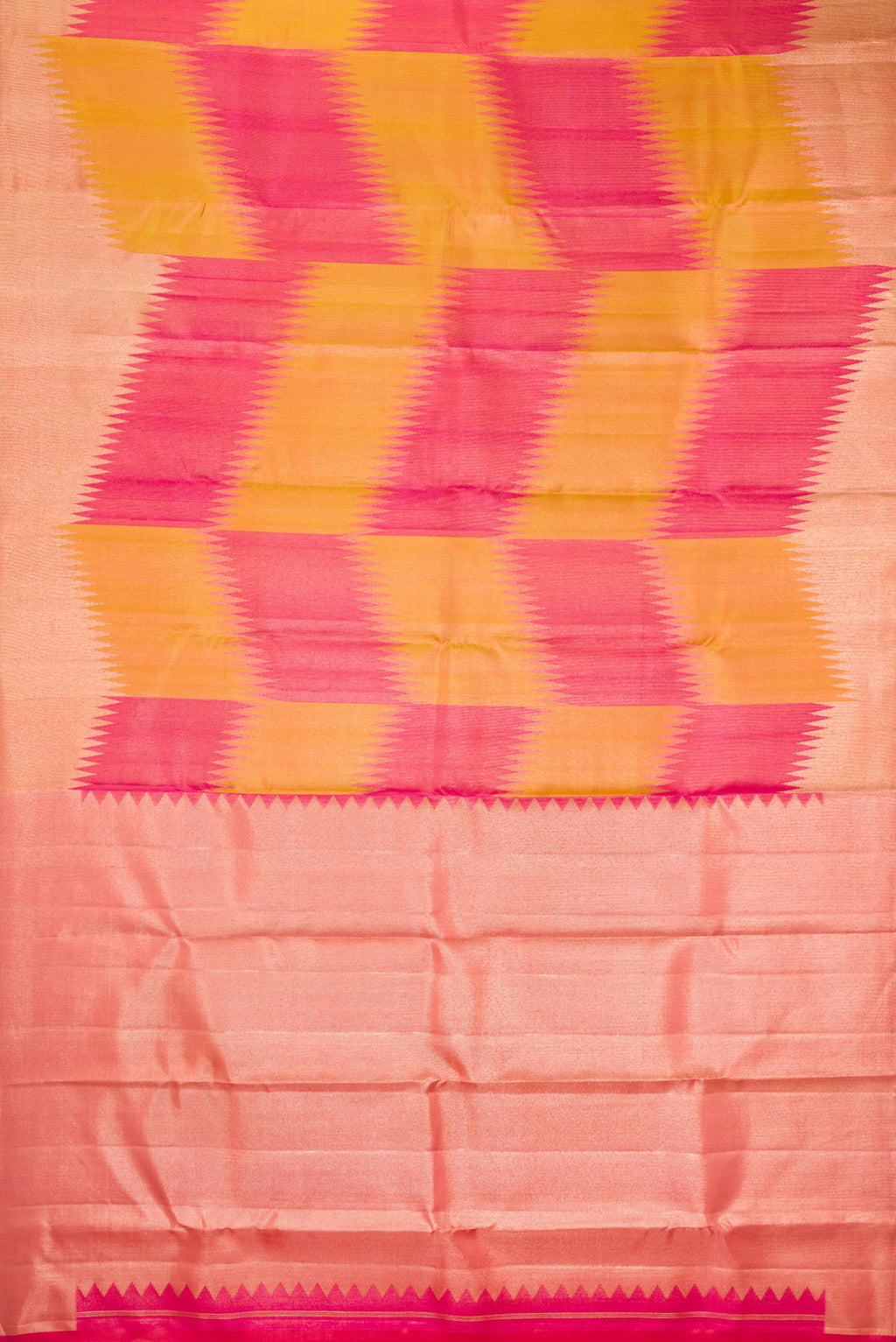 Flat view of Pure Silk Multi Color Kanjivaram Saree with Zari Brocade on the body and Zari Border. 