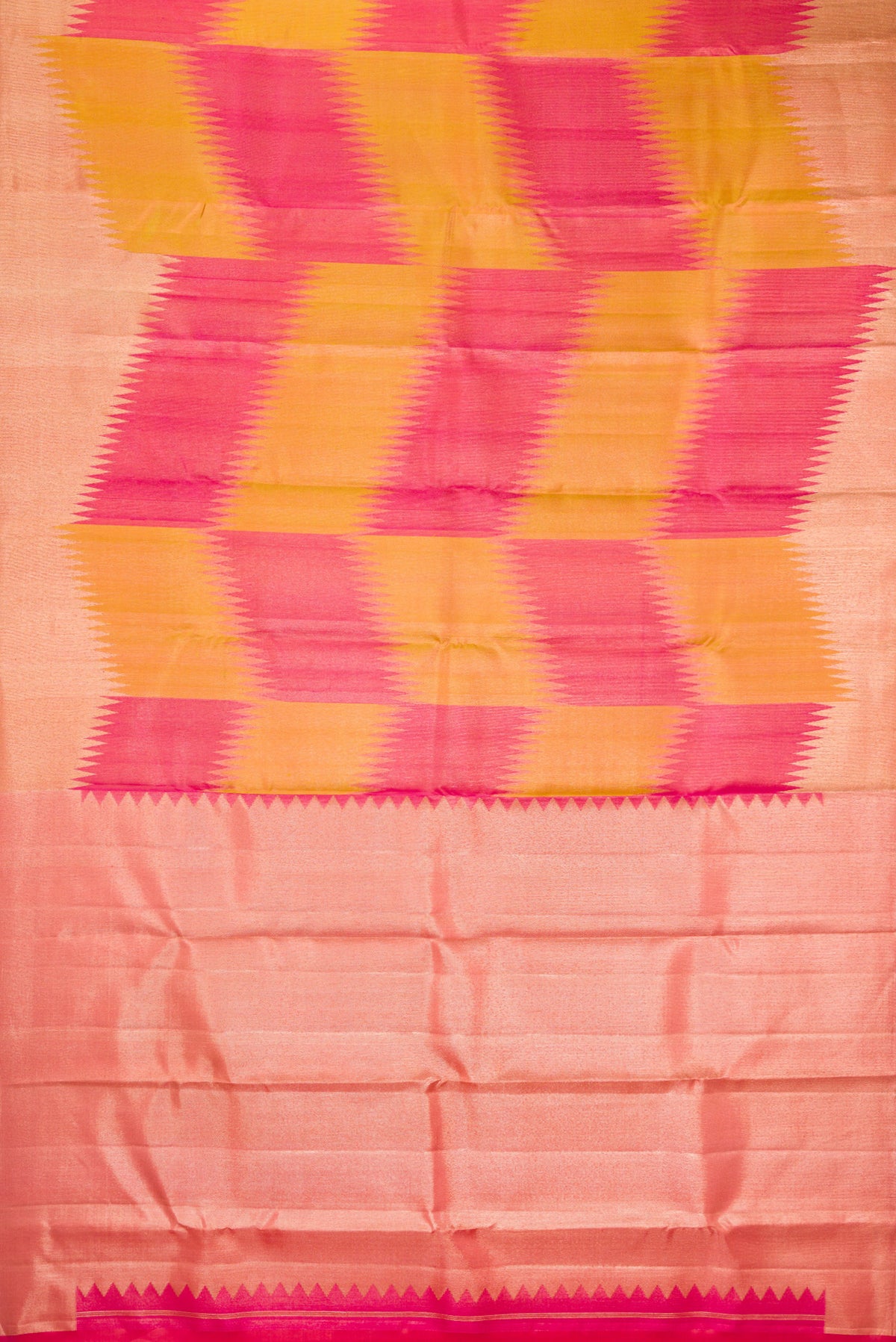 Flat view of Pure Silk Multi Color Kanjivaram Saree with Zari Brocade on the body and Zari Border. 