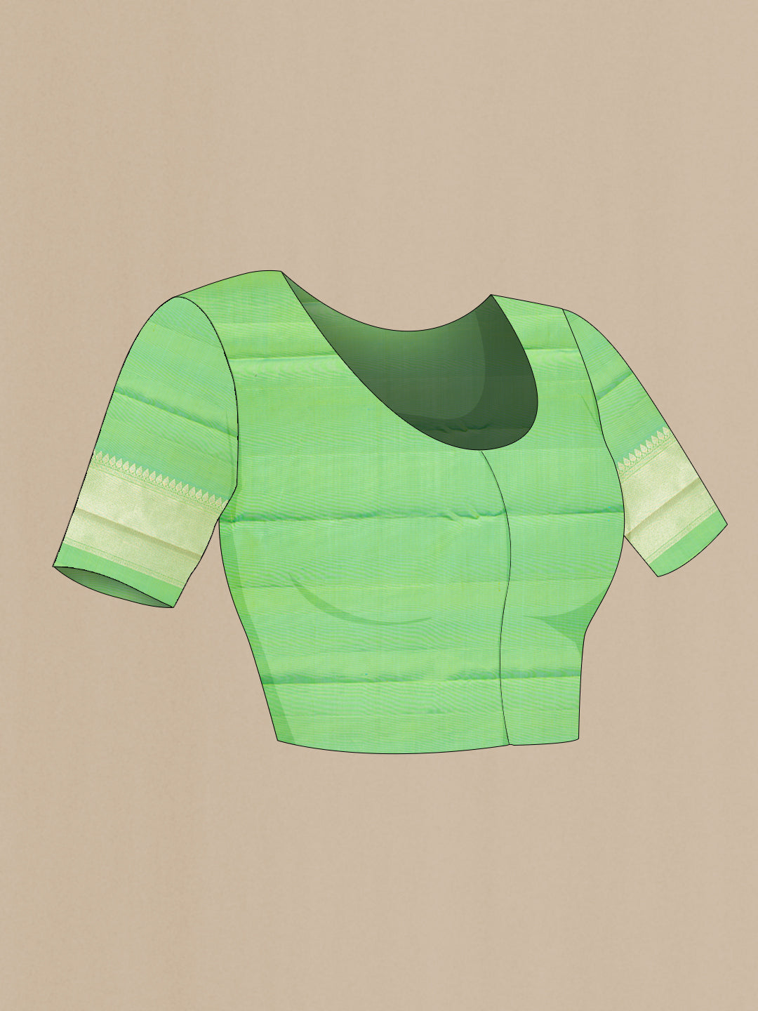 Close up image of the blouse of Pure Silk Light Green Kanjivaram Saree with Zari Brocade on the body and Zari Border. 