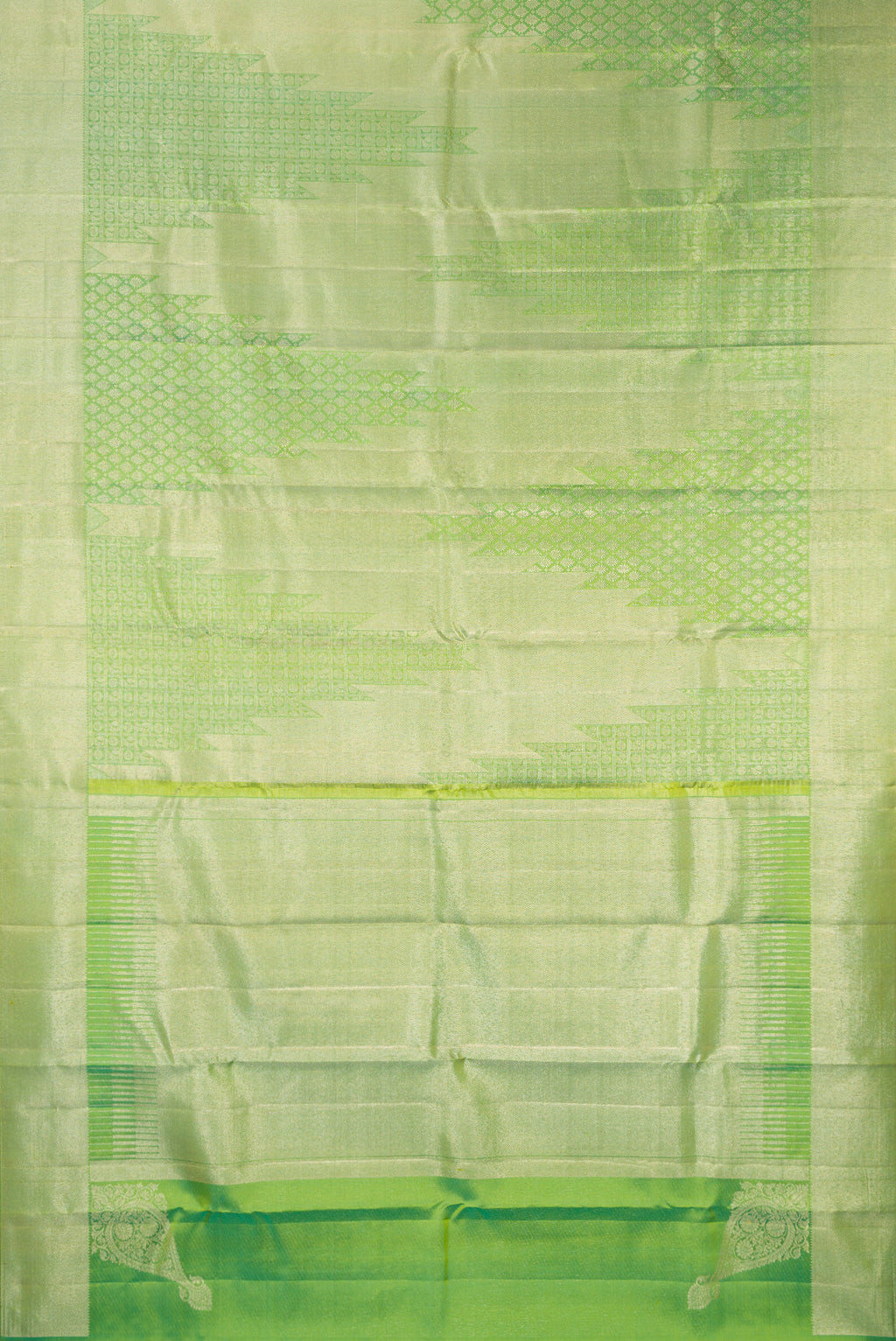 Flat view of Pure Silk Light Green Kanjivaram Saree with Zari Brocade on the body and Zari Border. 