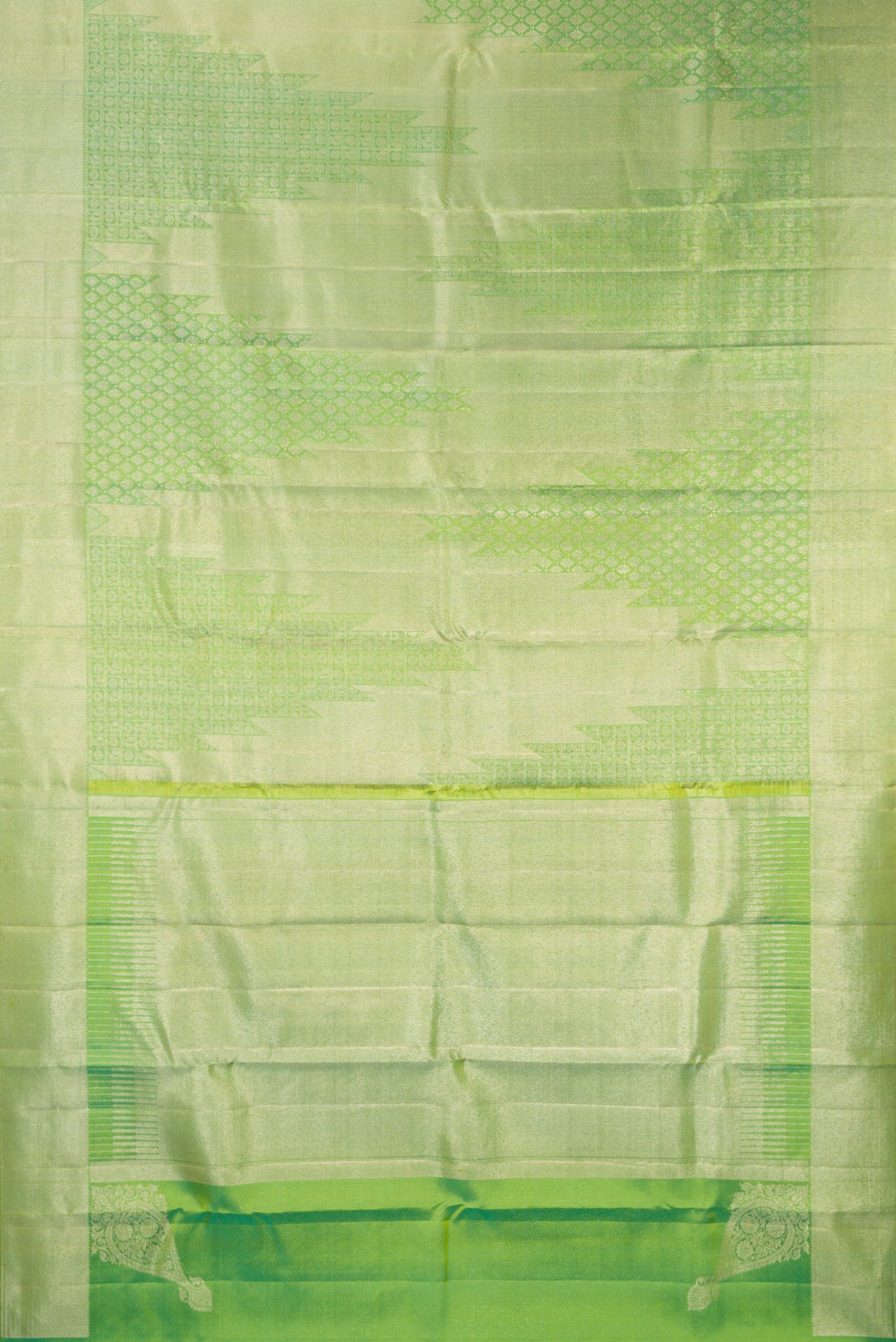 Flat view of Pure Silk Light Green Kanjivaram Saree with Zari Brocade on the body and Zari Border. 