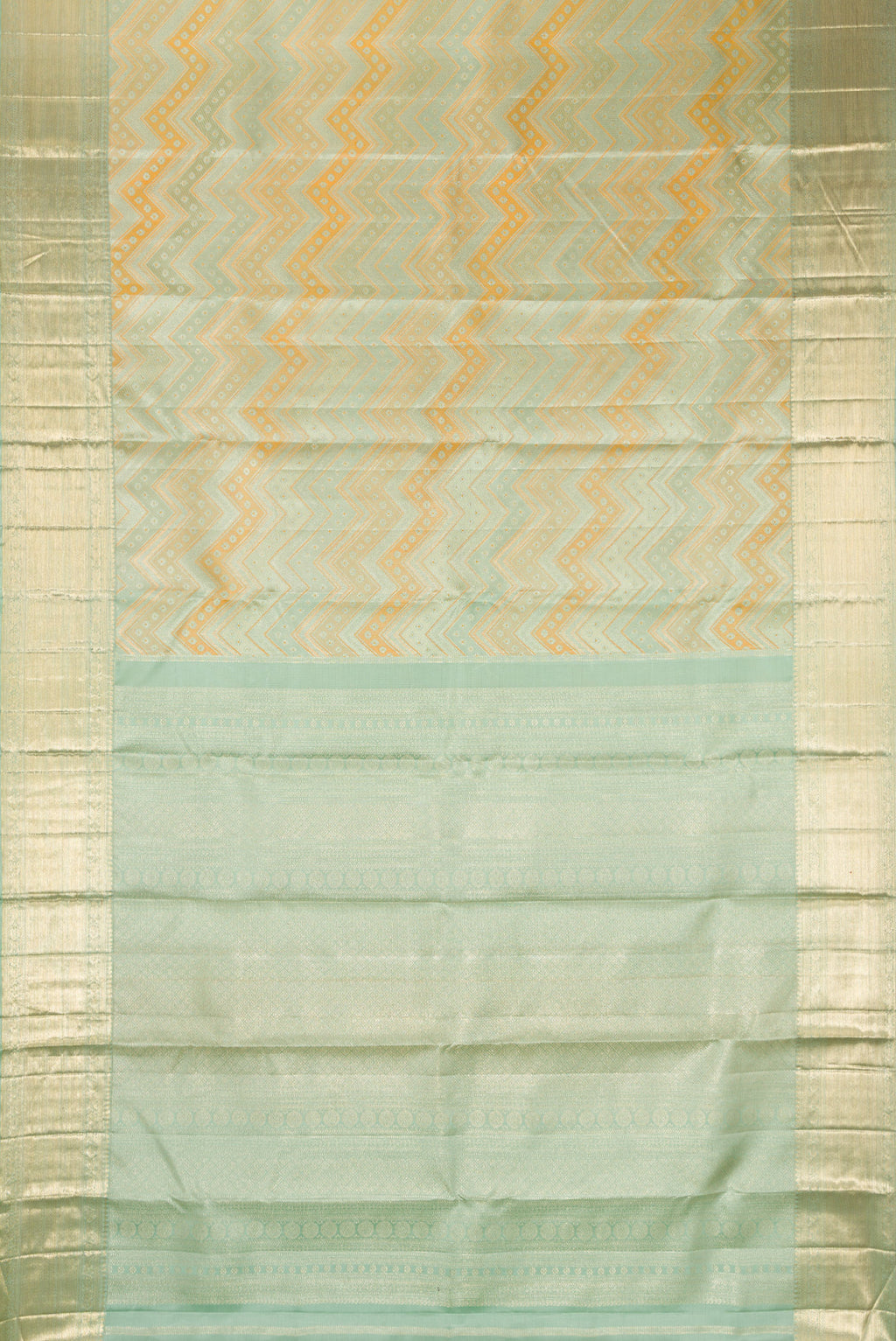 Flat view of Pure Silk Light Green Dual Tone Kanjivaram Saree with Zari Brocade on the body and Zari Border. 