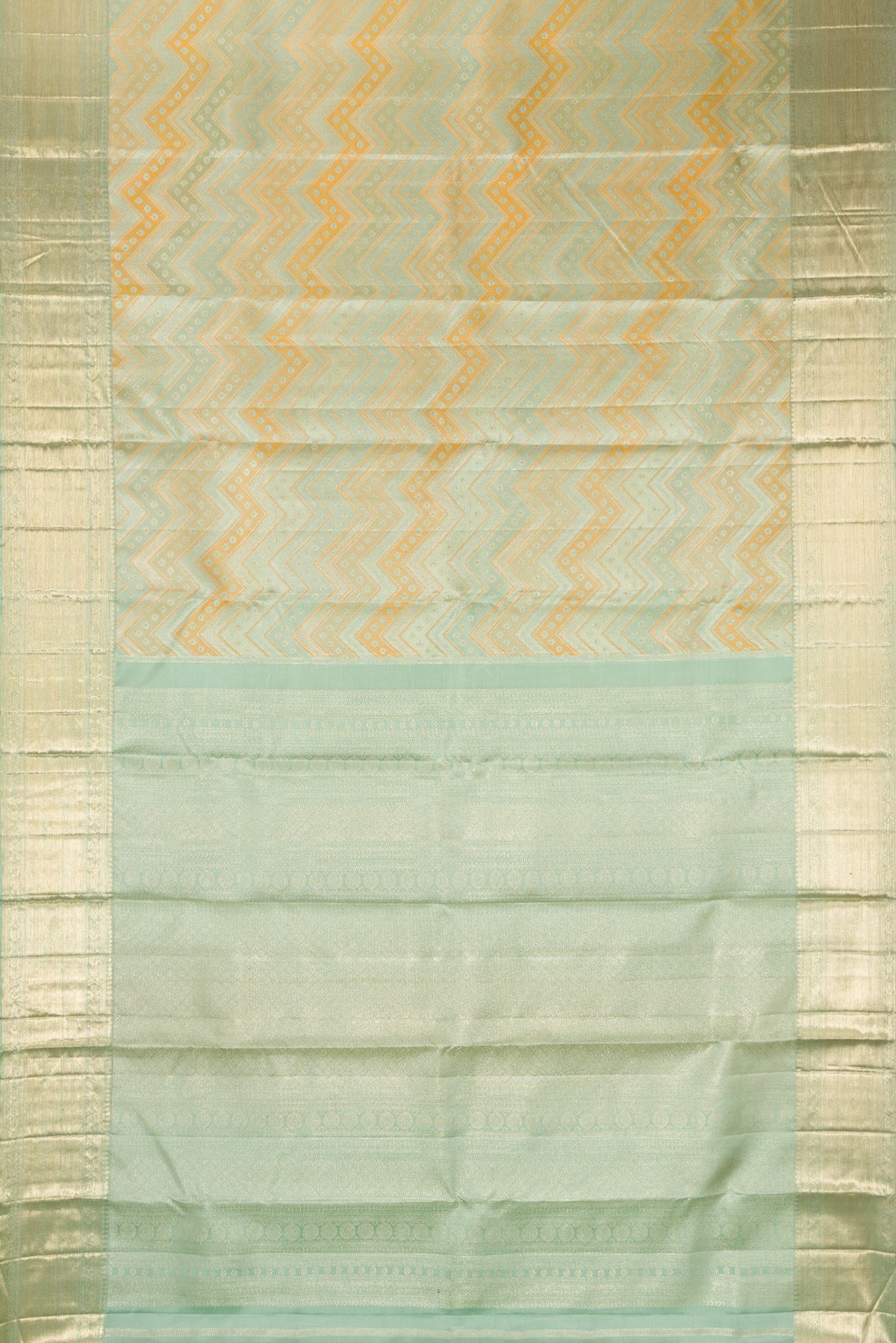Flat view of Pure Silk Light Green Dual Tone Kanjivaram Saree with Zari Brocade on the body and Zari Border. 