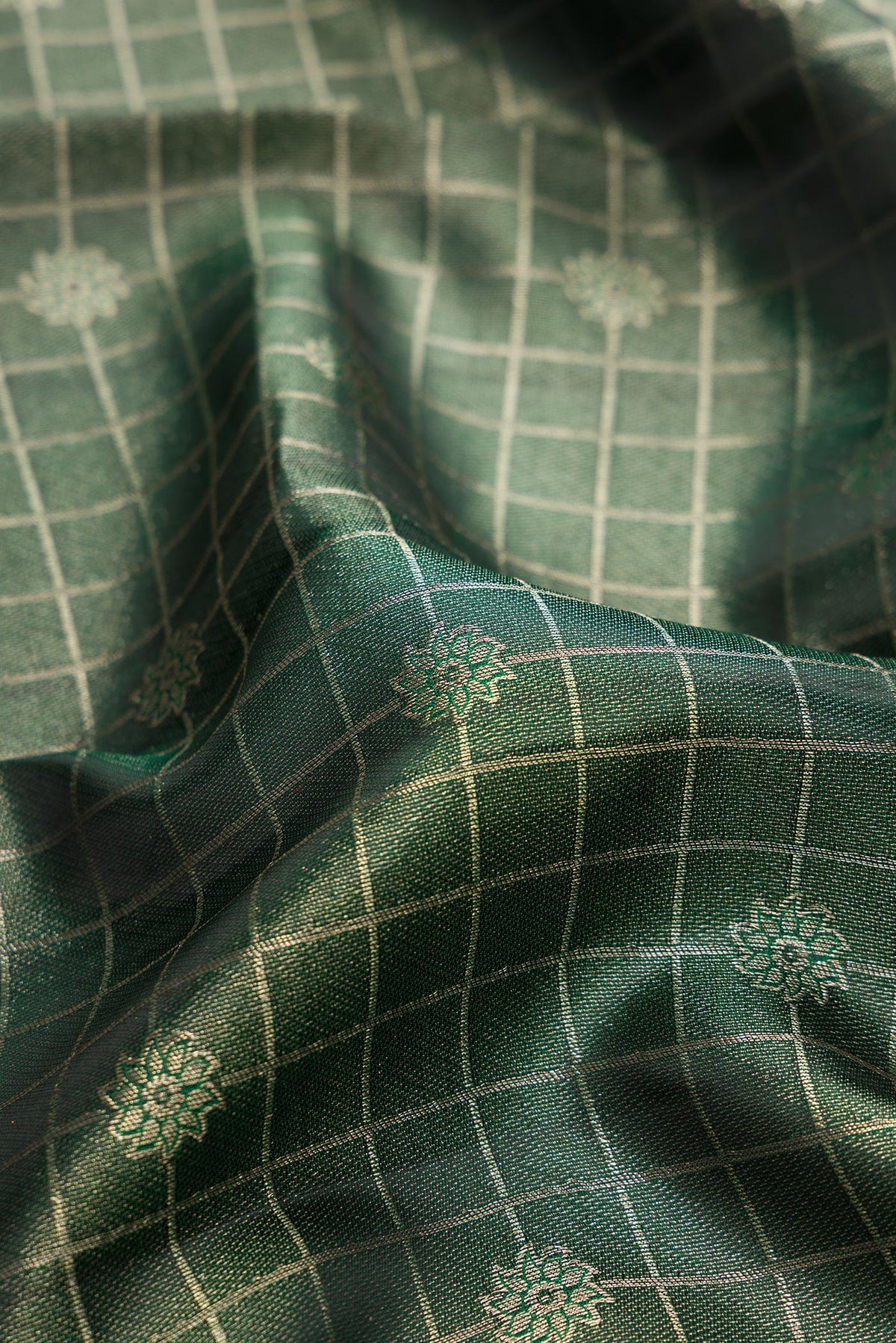 Close up of Bottle Green Dual Tone Kanchipuram Tissue Saree with Zari Brocade on the body and Zari Border.  displaying folds