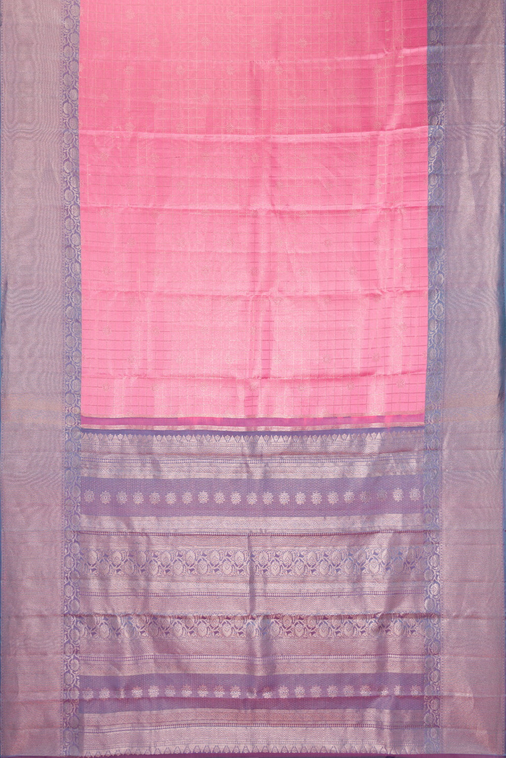 Flat view of Pure Silk Pink Kanchipuram Saree with Checked design on the body and Fancy Border. 
