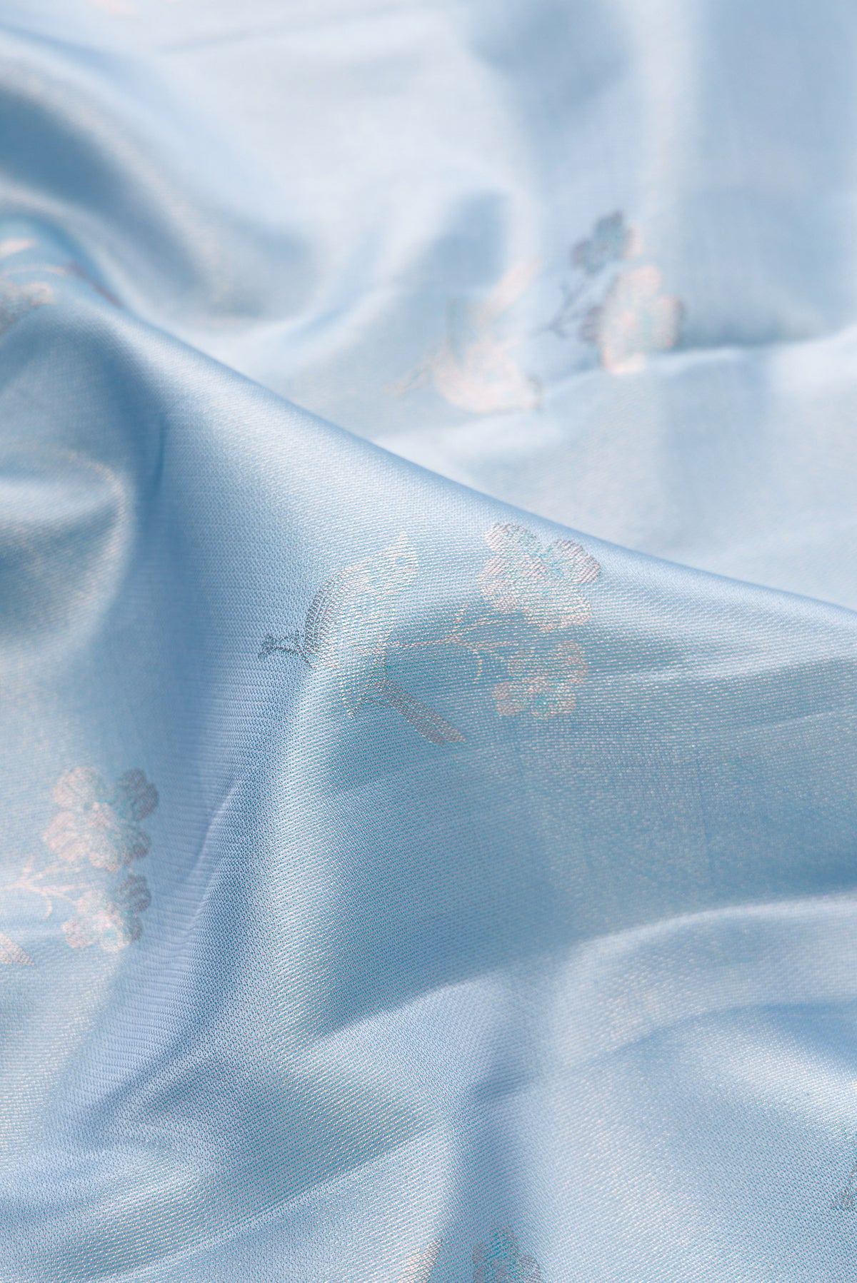 Close up of Light Blue Dual Tone Kanchipuram Tissue Saree with Zari Brocade on the body and Fancy Border.  displaying folds