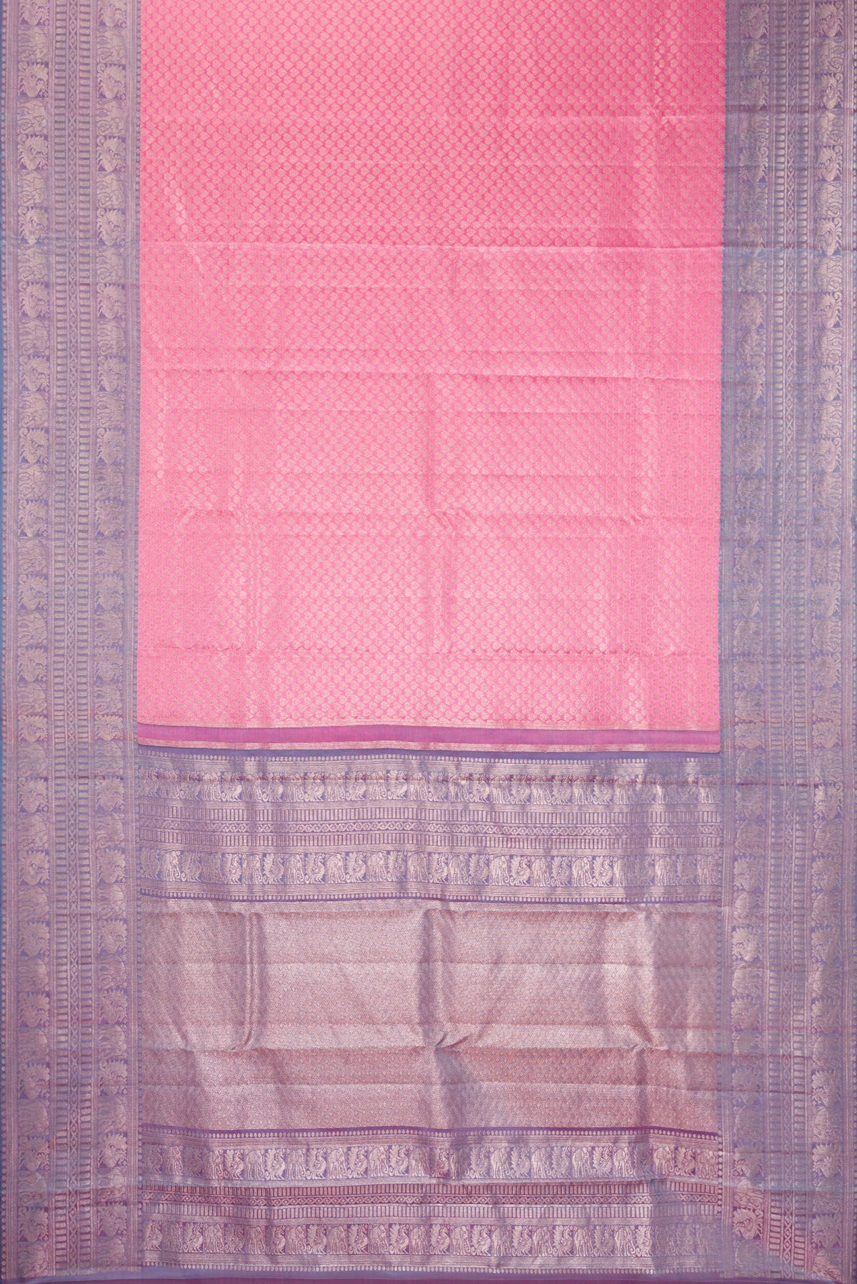 Flat view of Rose pink Kanchipuram Tissue Saree with Zari Brocade on the body and Fancy Border. 