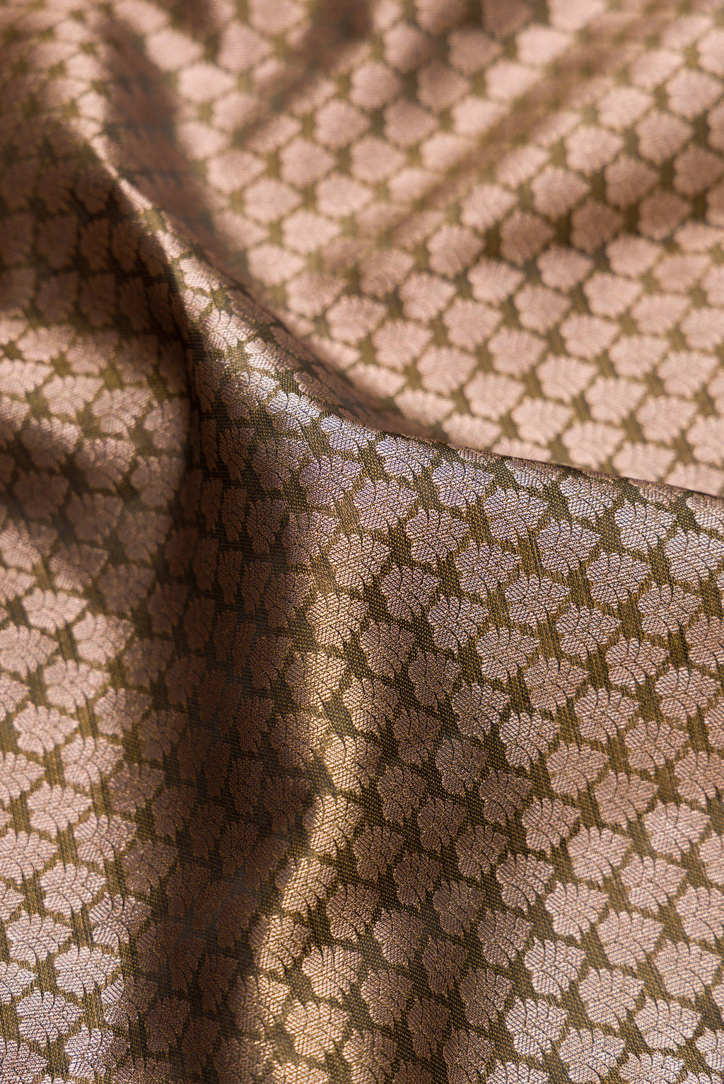 Close up of Mehandi Green Dual Tone Kanchipuram Tissue Saree with Zari Brocade on the body and Fancy Border.  displaying folds