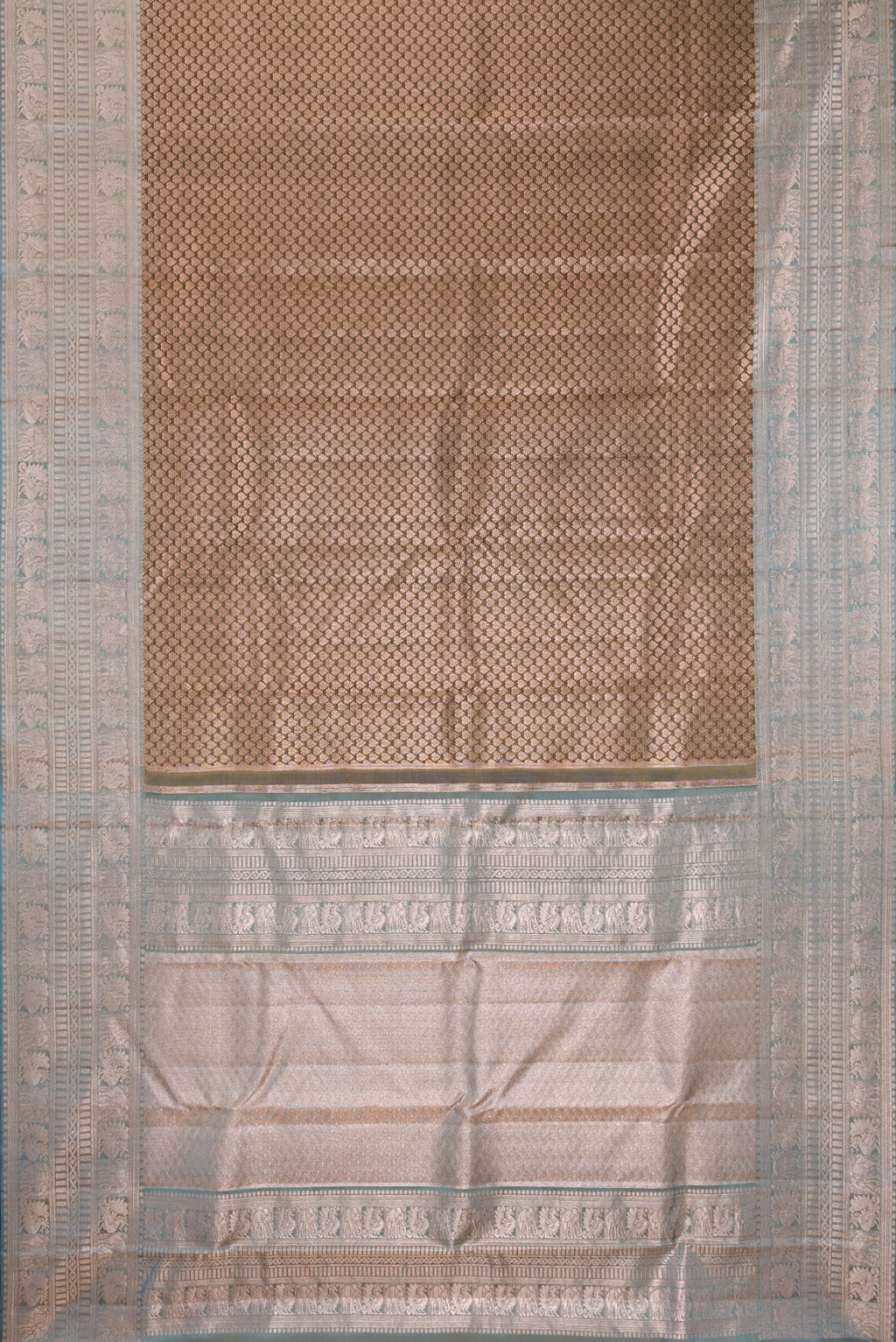 Flat view of Mehandi Green Dual Tone Kanchipuram Tissue Saree with Zari Brocade on the body and Fancy Border. 