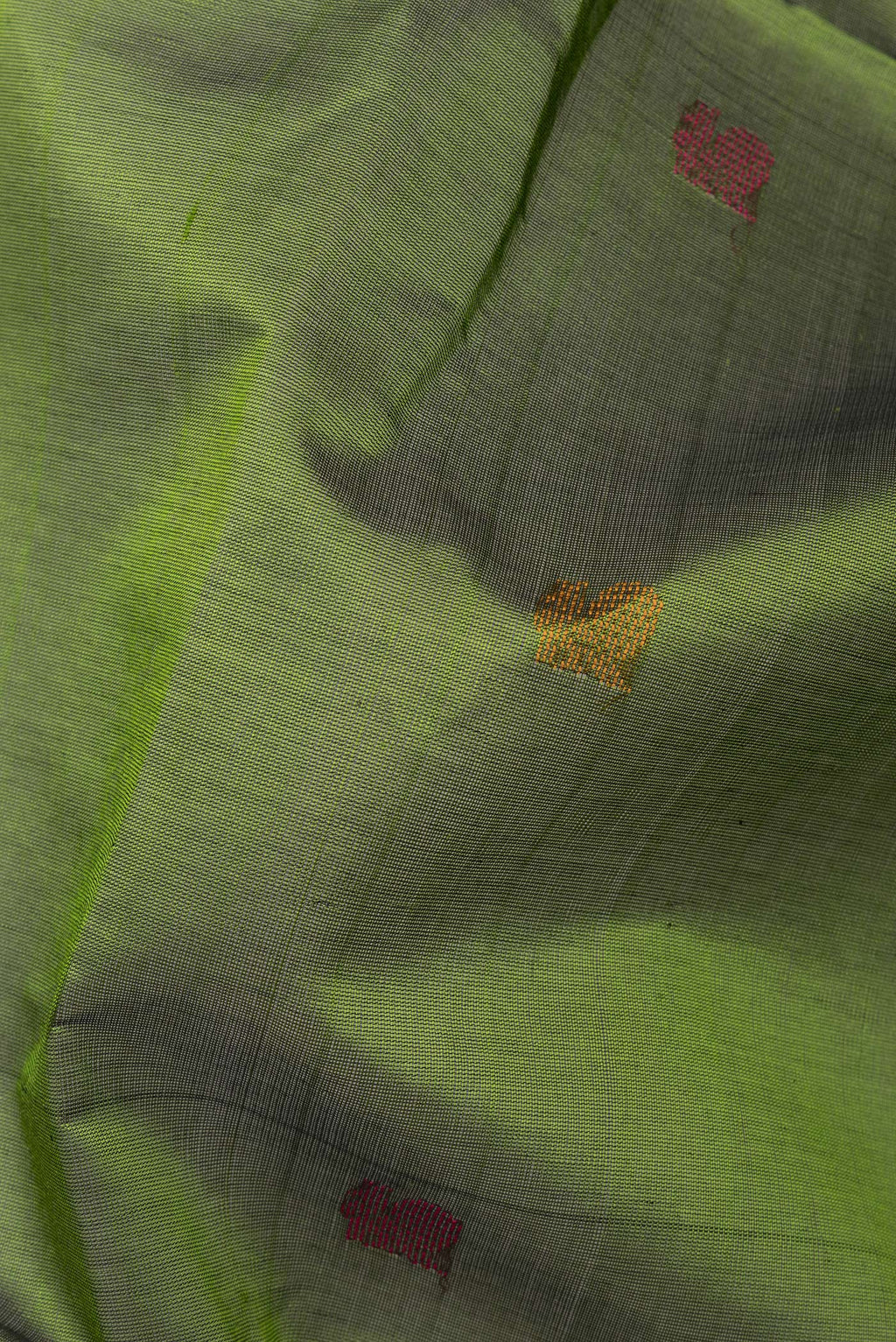 Close up of Green Silk Cotton Saree with Thread Butta on the body and Zari Border.  displaying folds