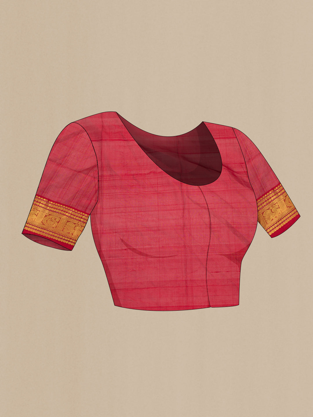 Close up image of the blouse of Maroon Silk Cotton Saree with Stripes on the body and Zari Border. 