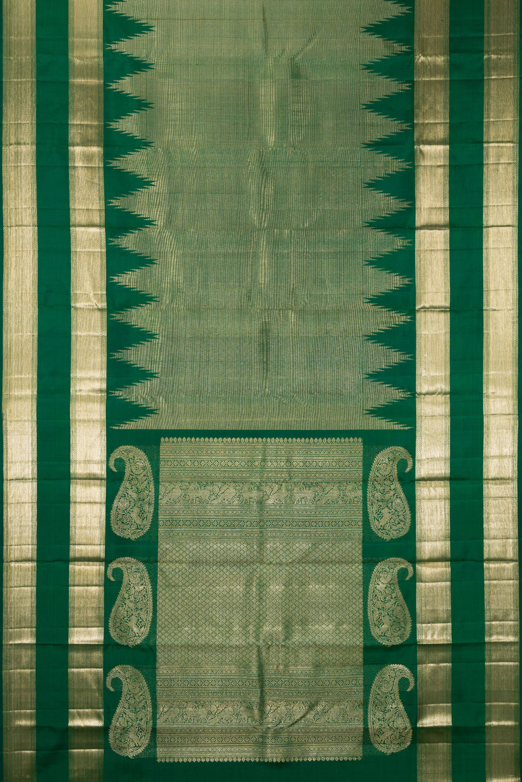Flat view of Pure Silk Green Kanchipuram Saree with Zari Brocade on the body and Temple Border. 