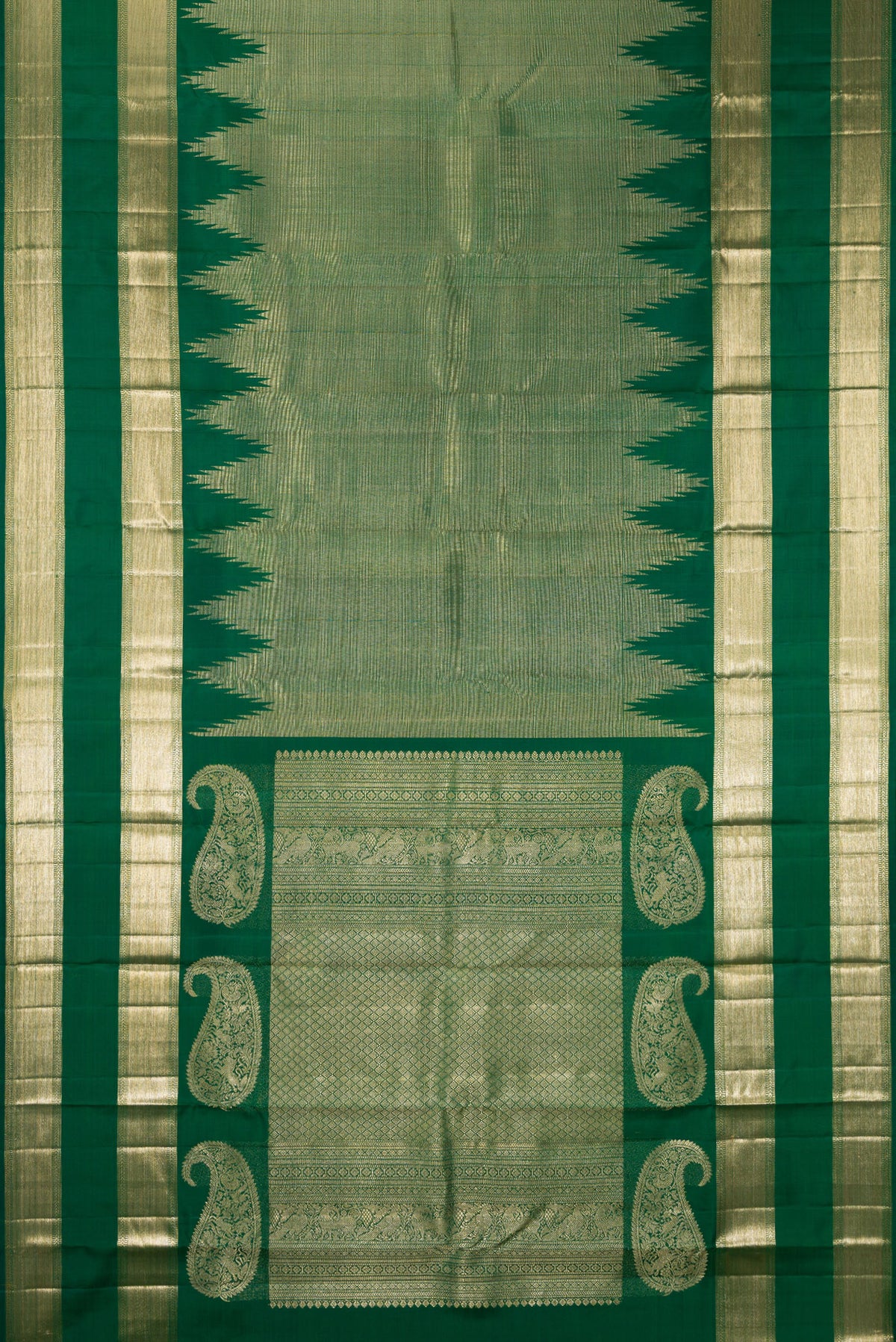Flat view of Pure Silk Green Kanchipuram Saree with Zari Brocade on the body and Temple Border. 
