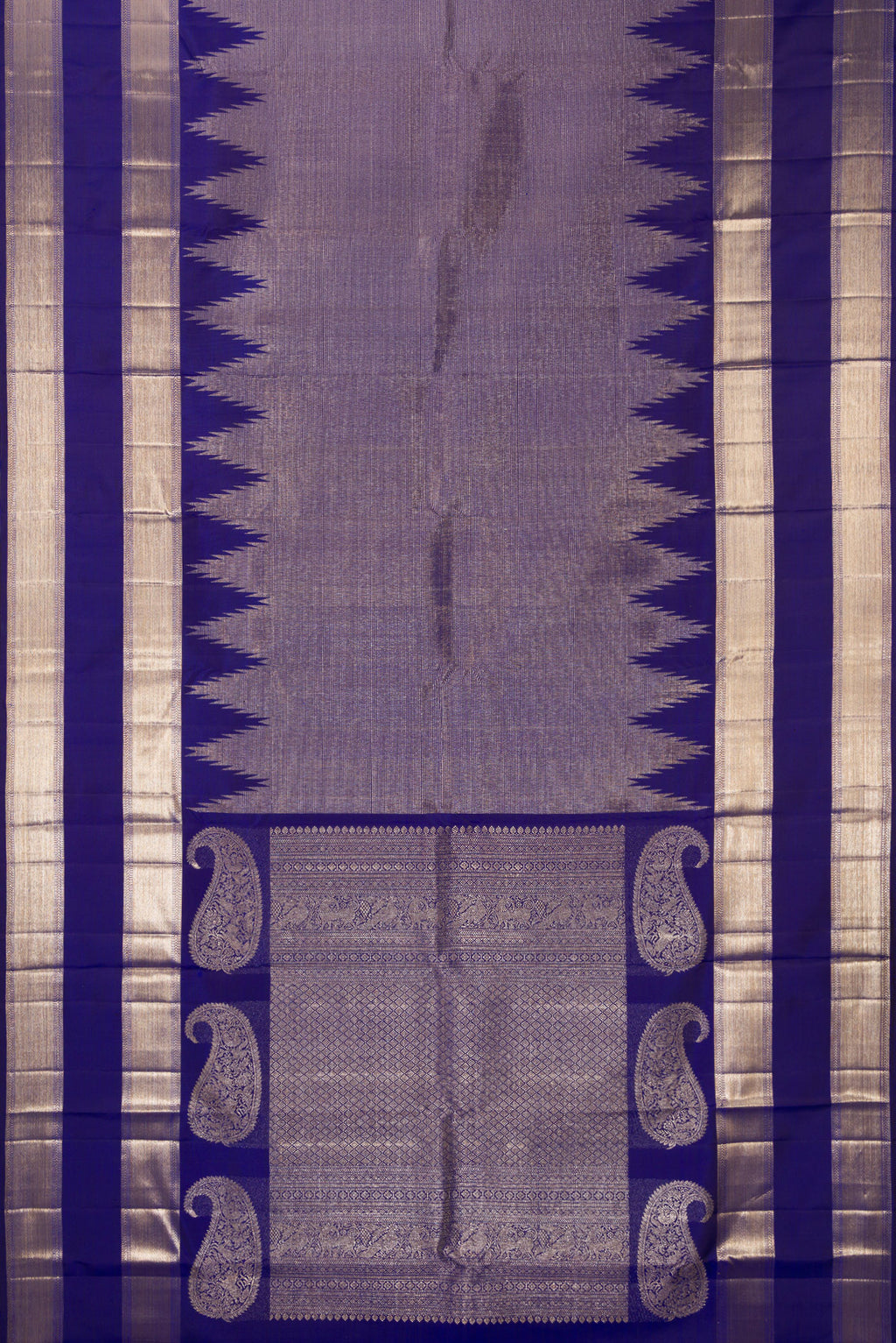 Flat view of Pure Silk Royal Blue Dual Tone Kanchipuram Saree with Zari Brocade on the body and Temple Border. 