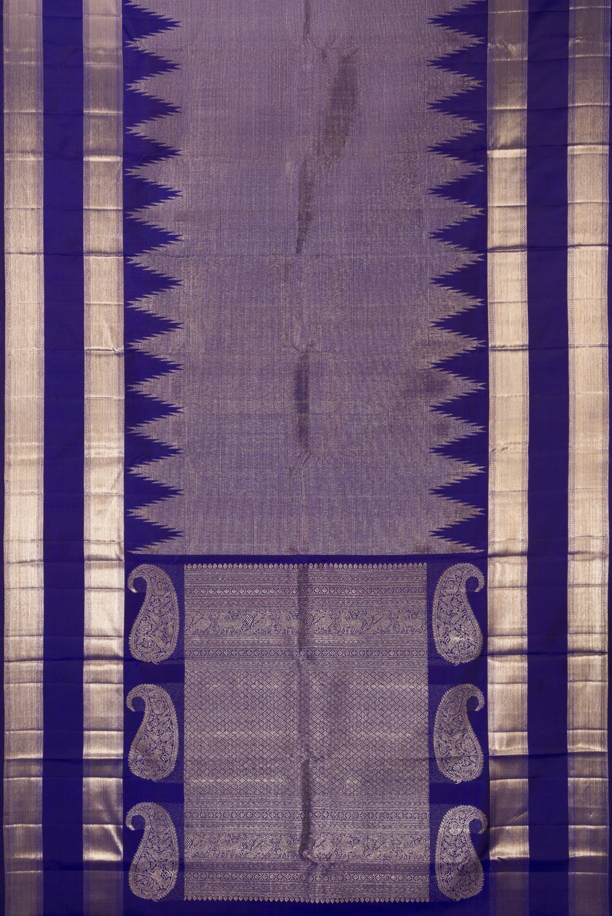 Flat view of Pure Silk Royal Blue Dual Tone Kanchipuram Saree with Zari Brocade on the body and Temple Border. 