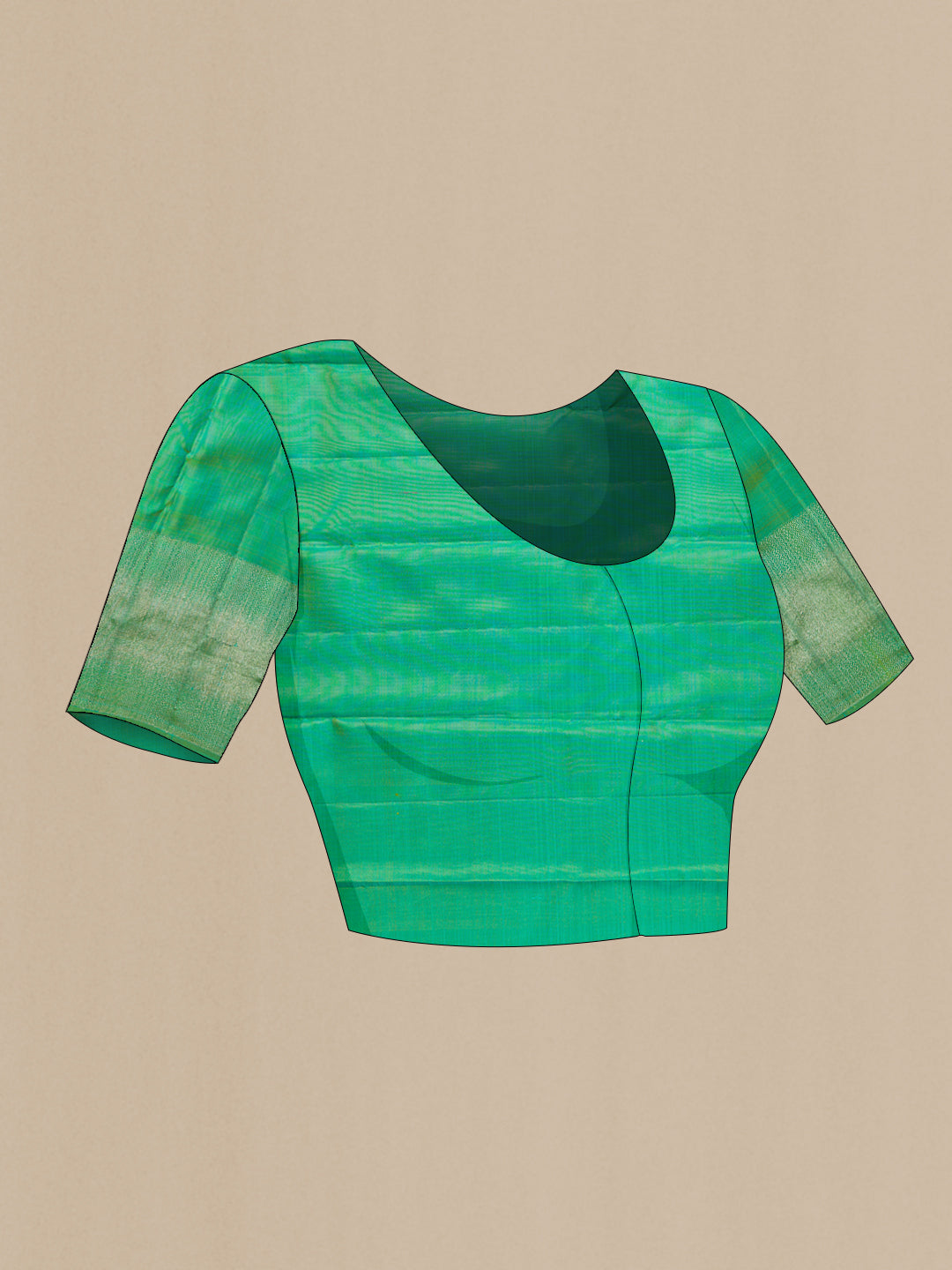 Close up image of the blouse of Pure Silk Green Dual Tone Kanjivaram Saree with Zari Butta on the body and Fancy Border. 