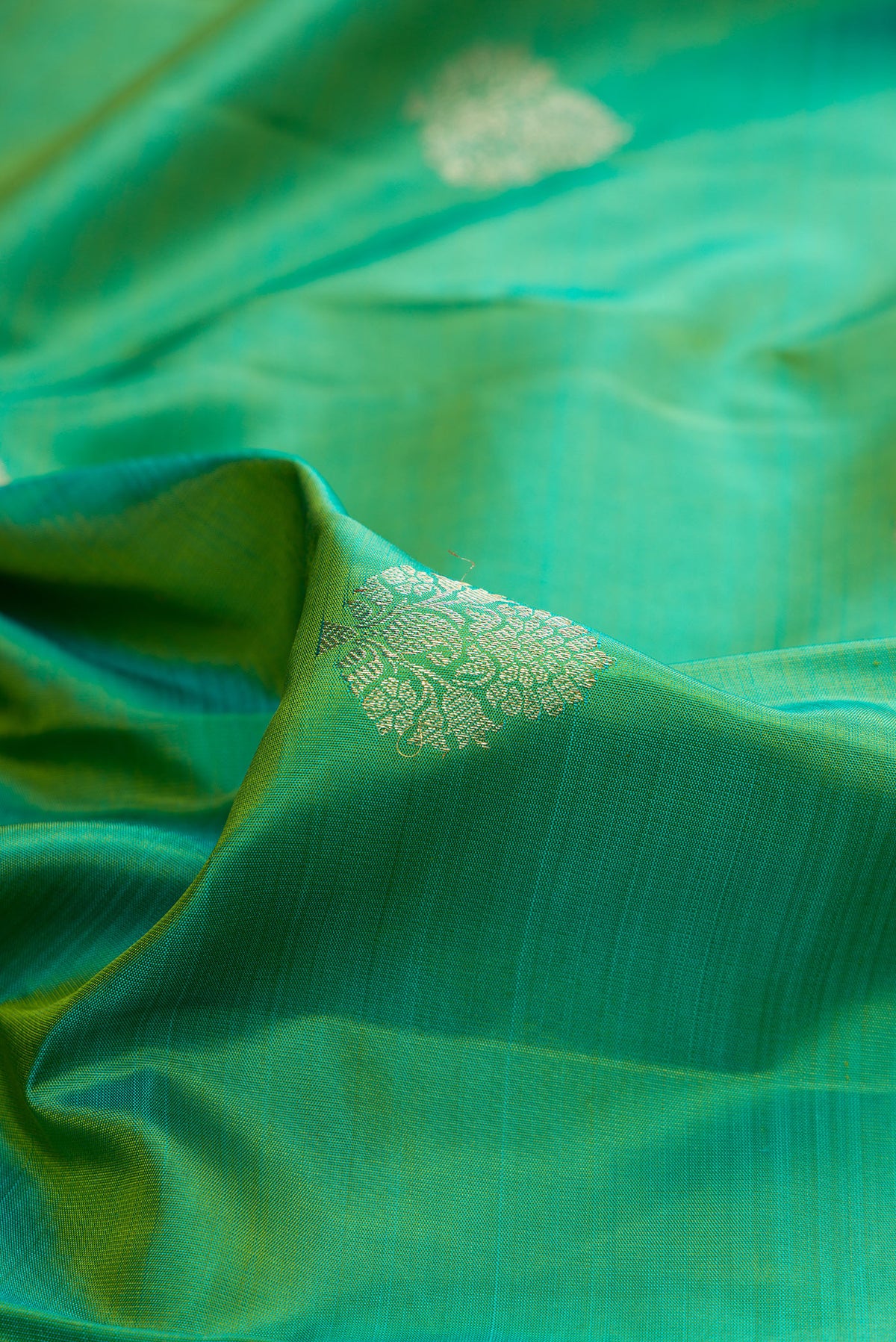 Close up of Pure Silk Green Dual Tone Kanjivaram Saree with Zari Butta on the body and Fancy Border.  displaying folds
