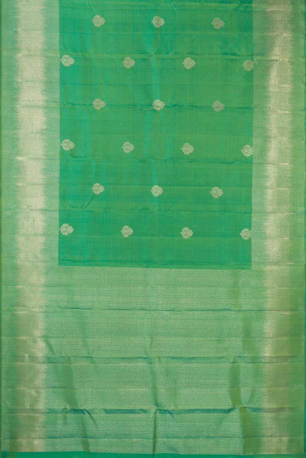 Flat view of Pure Silk Green Dual Tone Kanjivaram Saree with Zari Butta on the body and Fancy Border. 