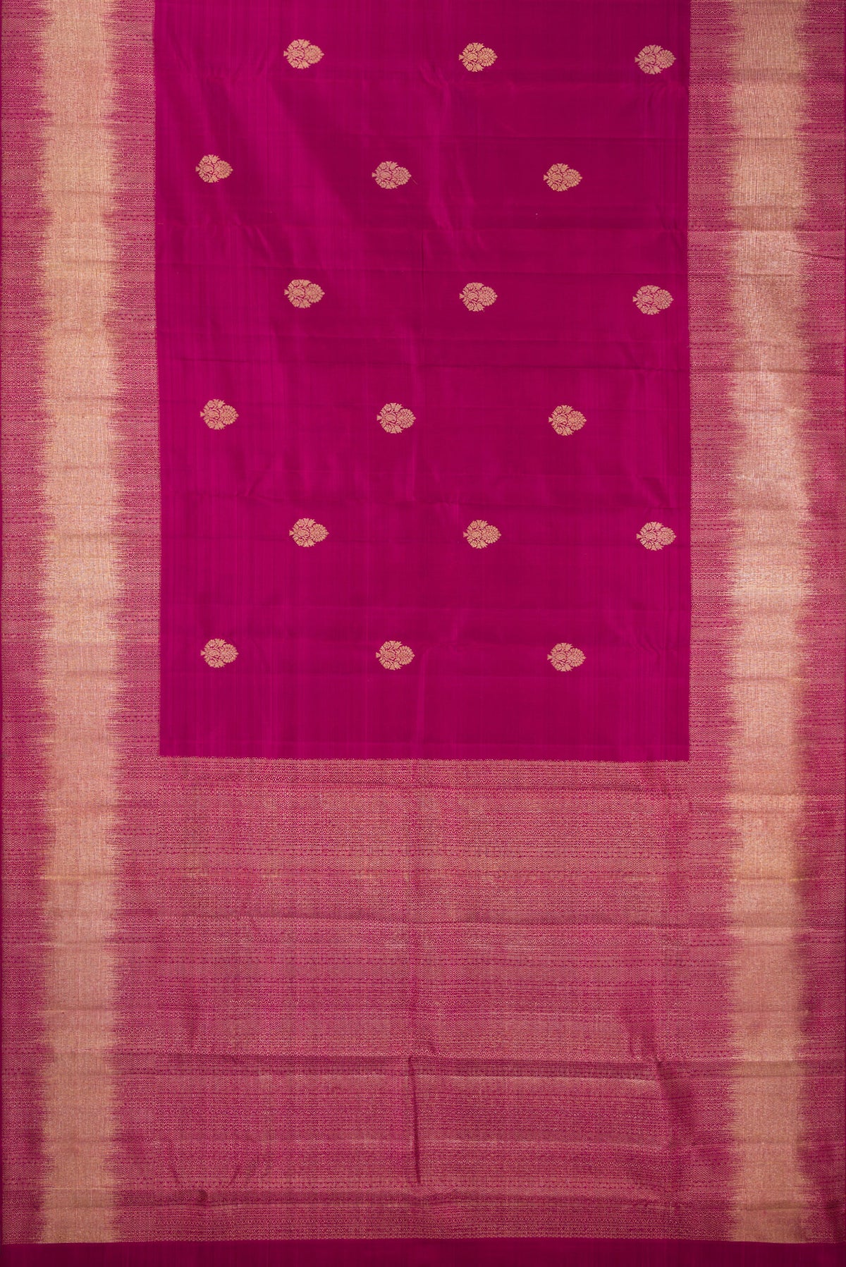 Flat view of Pure Silk Magenta Dual Tone Kanjivaram Saree with Zari Butta on the body and Fancy Border. 