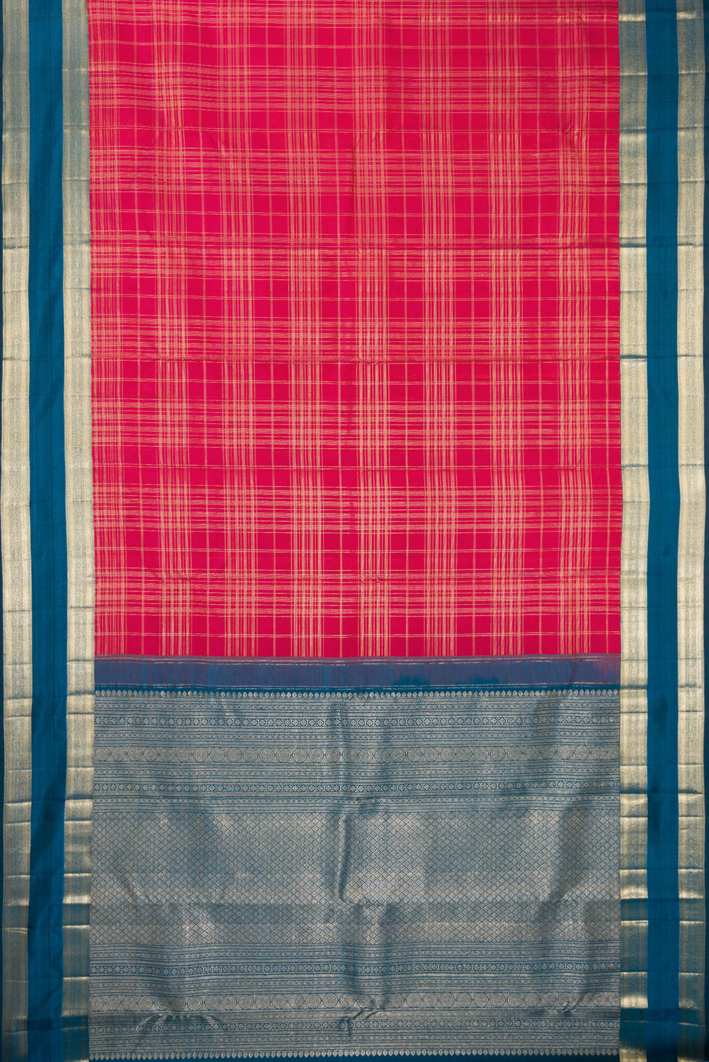 Flat view of Pure Silk Dark Pink Kanchipuram Saree with Checked design on the body and Zari Border. 