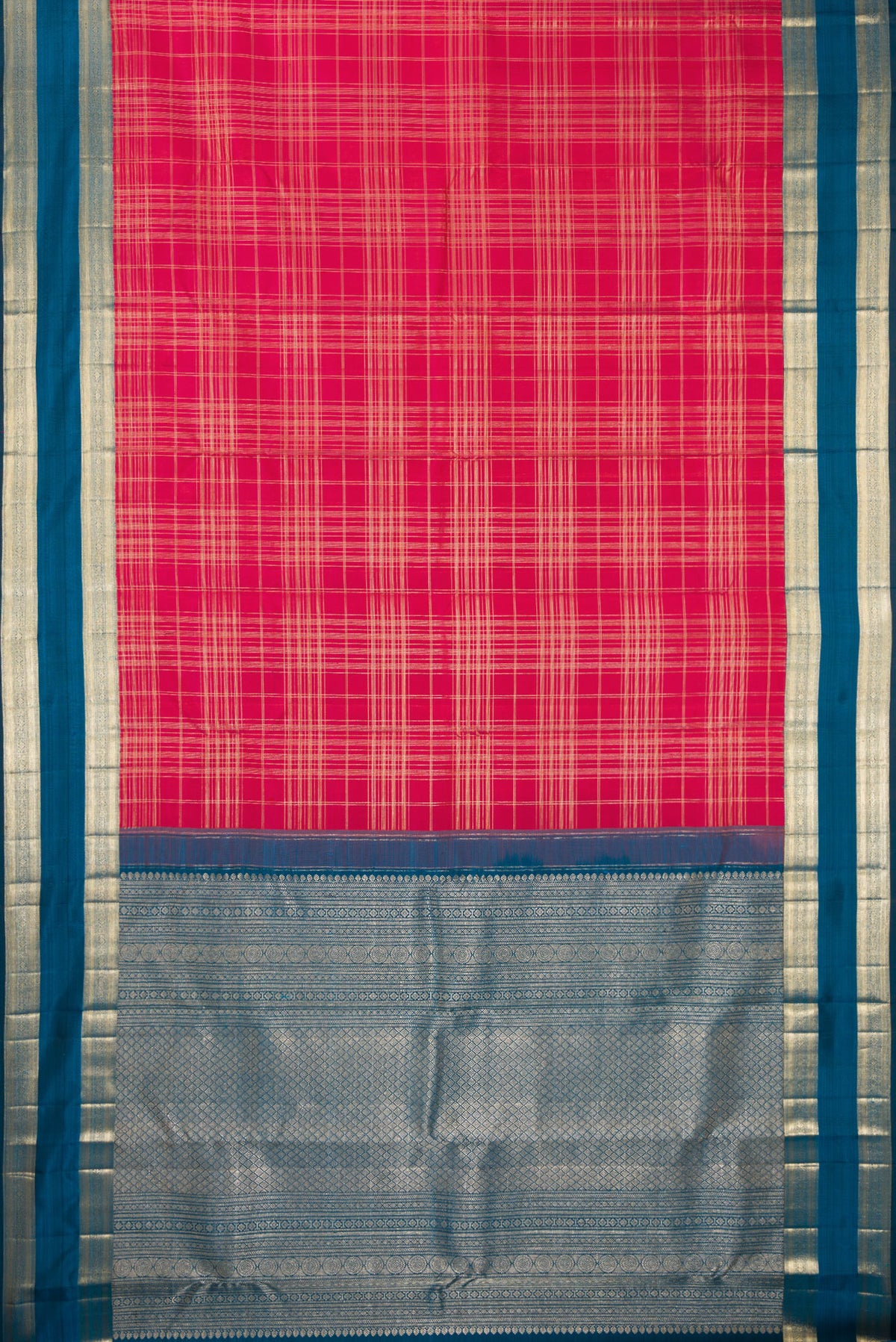 Flat view of Pure Silk Dark Pink Kanchipuram Saree with Checked design on the body and Zari Border. 