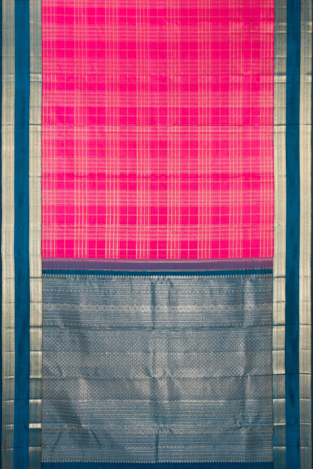 Flat view of Pure Silk Pink Kanchipuram Saree with Checked design on the body and Zari Border. 