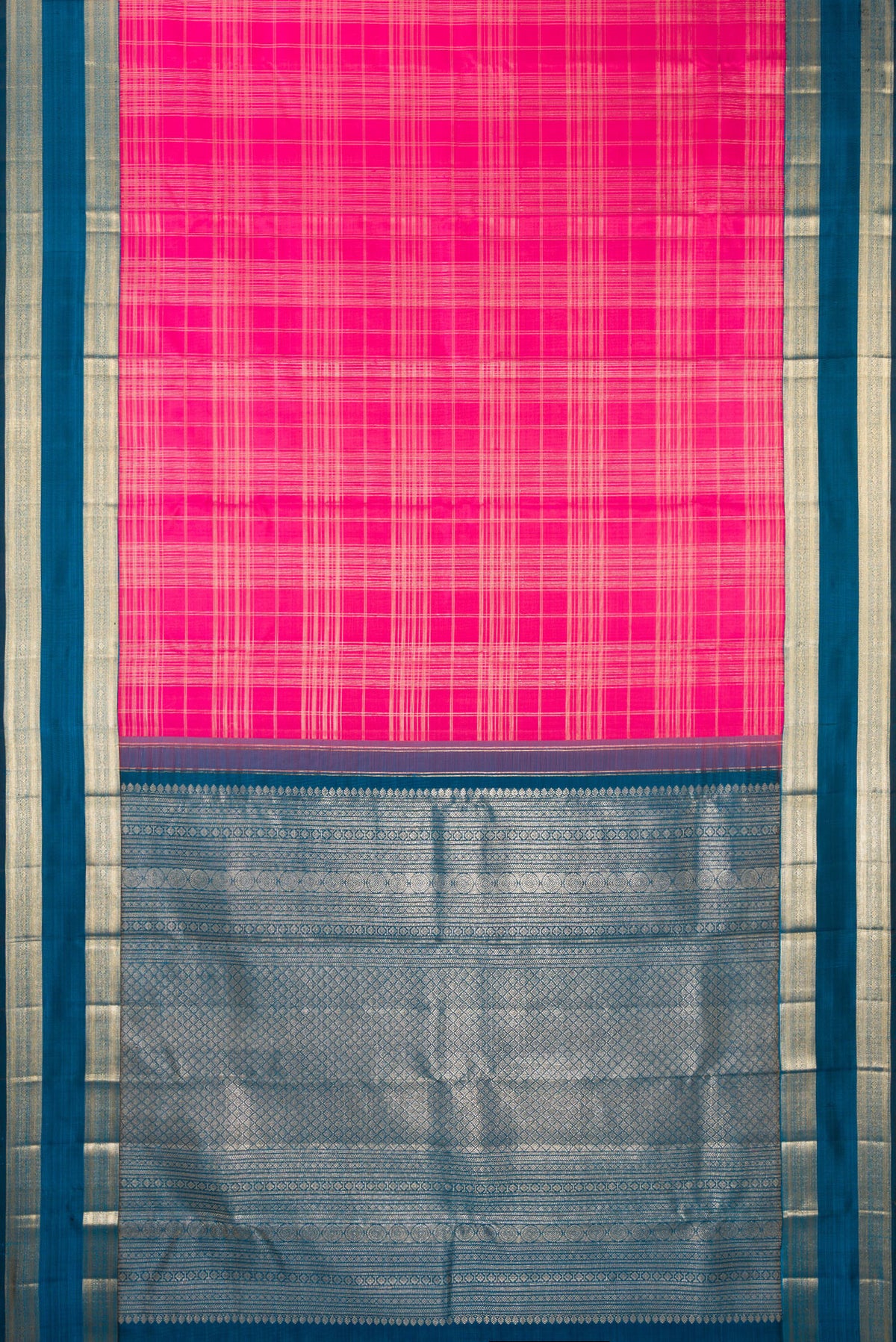 Flat view of Pure Silk Pink Kanchipuram Saree with Checked design on the body and Zari Border. 