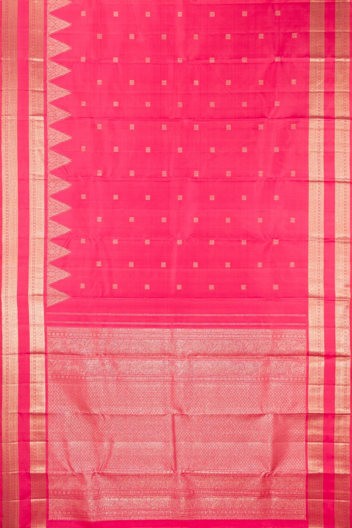 Flat view of Pure Silk Pink Dual Tone Kanjivaram Saree with Zari Butta on the body and Fancy Border. 