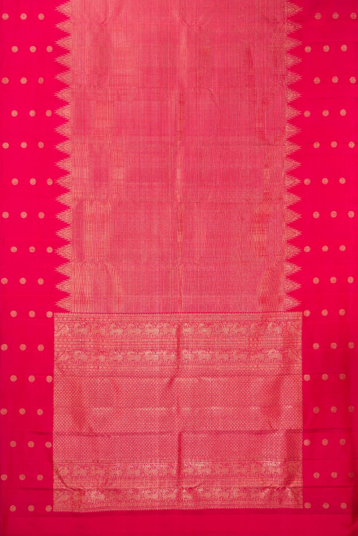 Flat view of Pure Silk Pink Dual Tone Kanjivaram Saree with Zari Brocade on the body and Fancy Border. 