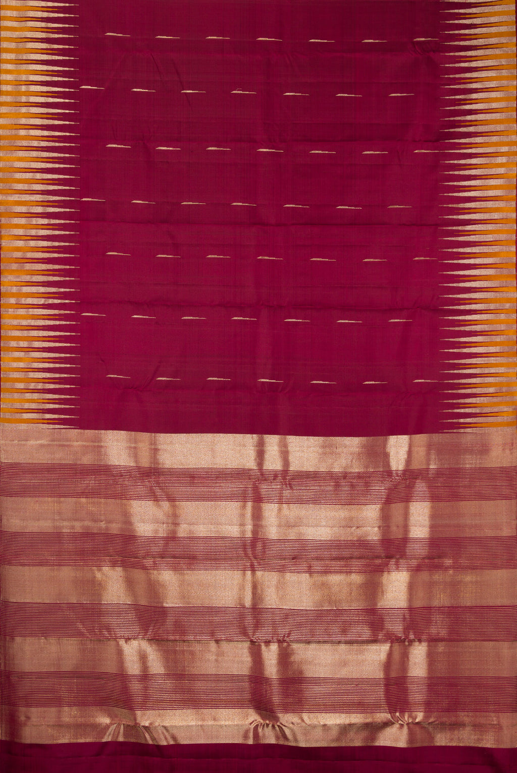 Flat view of Pure Silk Maroon Kanjivaram Saree with Zari Butta on the body and Fancy Border. 