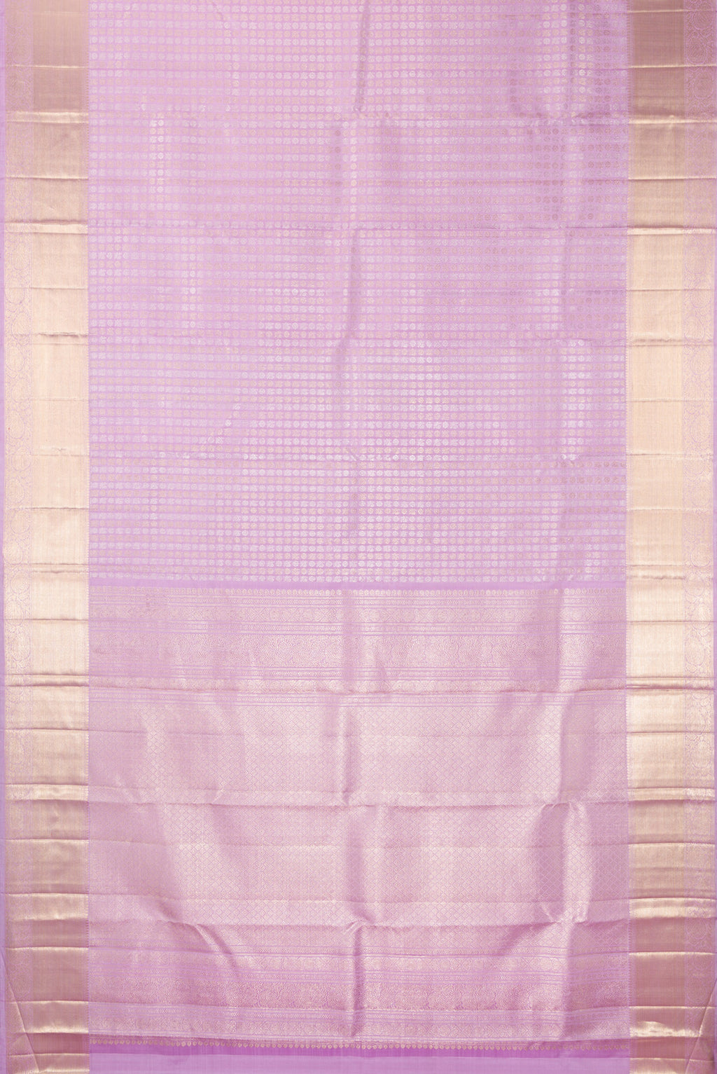Flat view of Pure Silk Lavender Kanchipuram Saree with Zari Brocade on the body and Zari Border. 