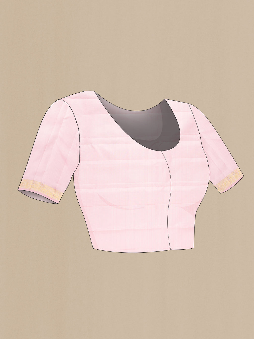 Close up image of the blouse of Pure Silk Rose pink Kanjivaram Saree with Zari Butta on the body and Zari Border. 