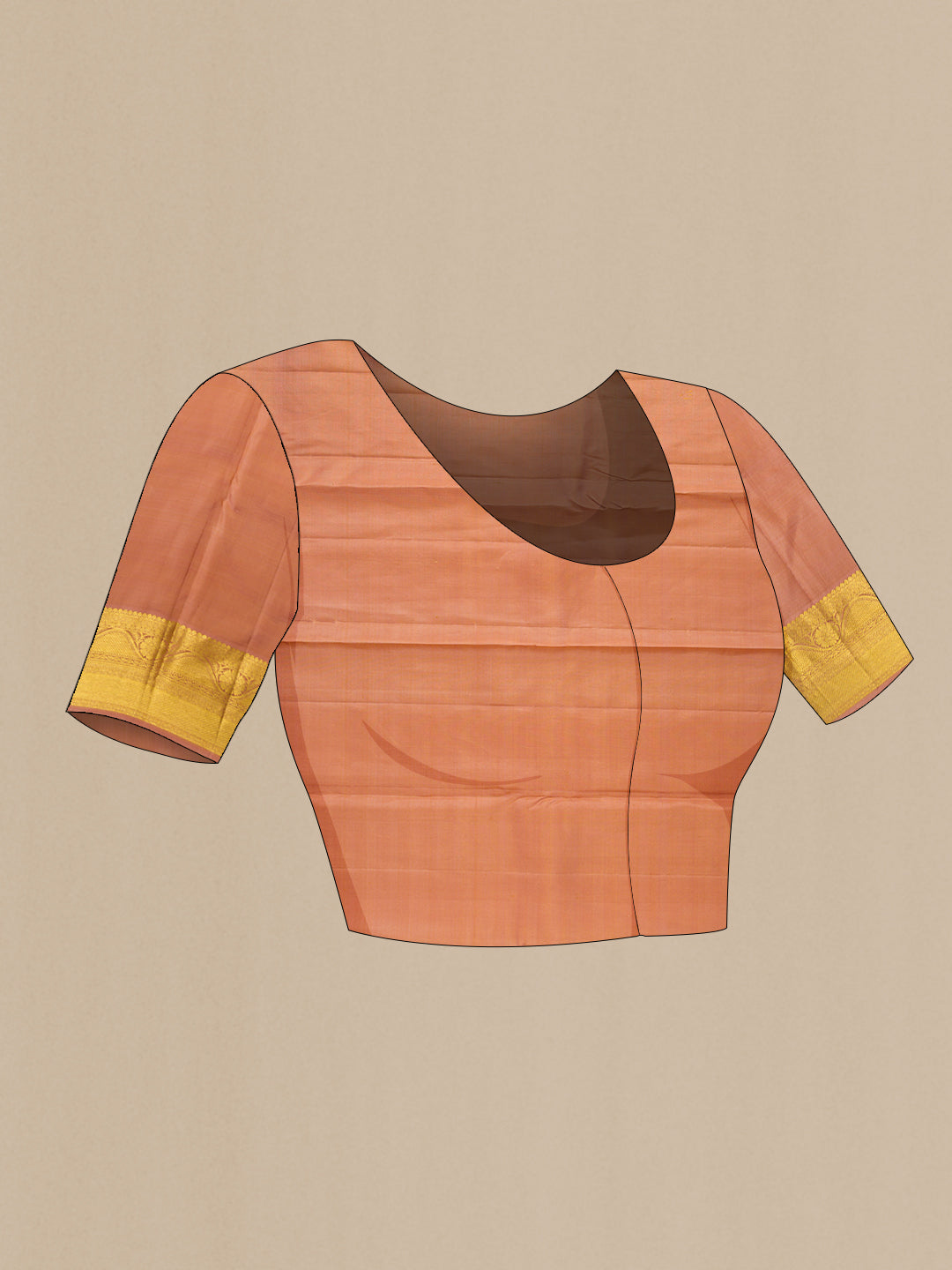 Close up image of the blouse of Pure Silk Caramel Kanjivaram Saree with Zari Butta on the body and Zari Border. 