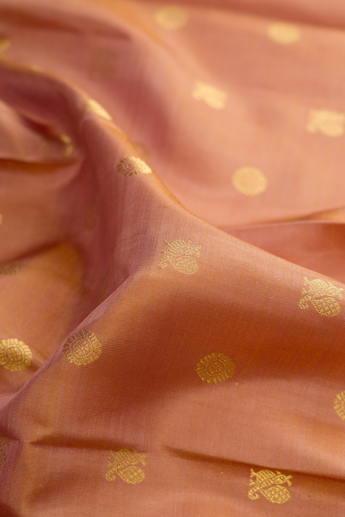Close up of Pure Silk Caramel Kanjivaram Saree with Zari Butta on the body and Zari Border.  displaying folds