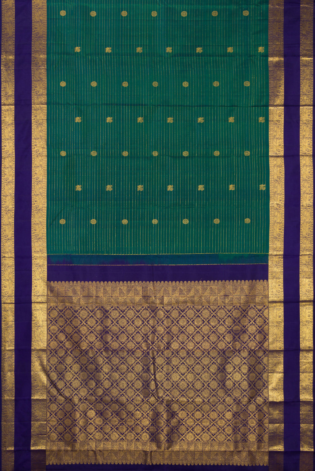 Flat view of Pure Silk Green Dual Tone Kanchipuram Saree with Zari Butta on the body and Zari Border. 