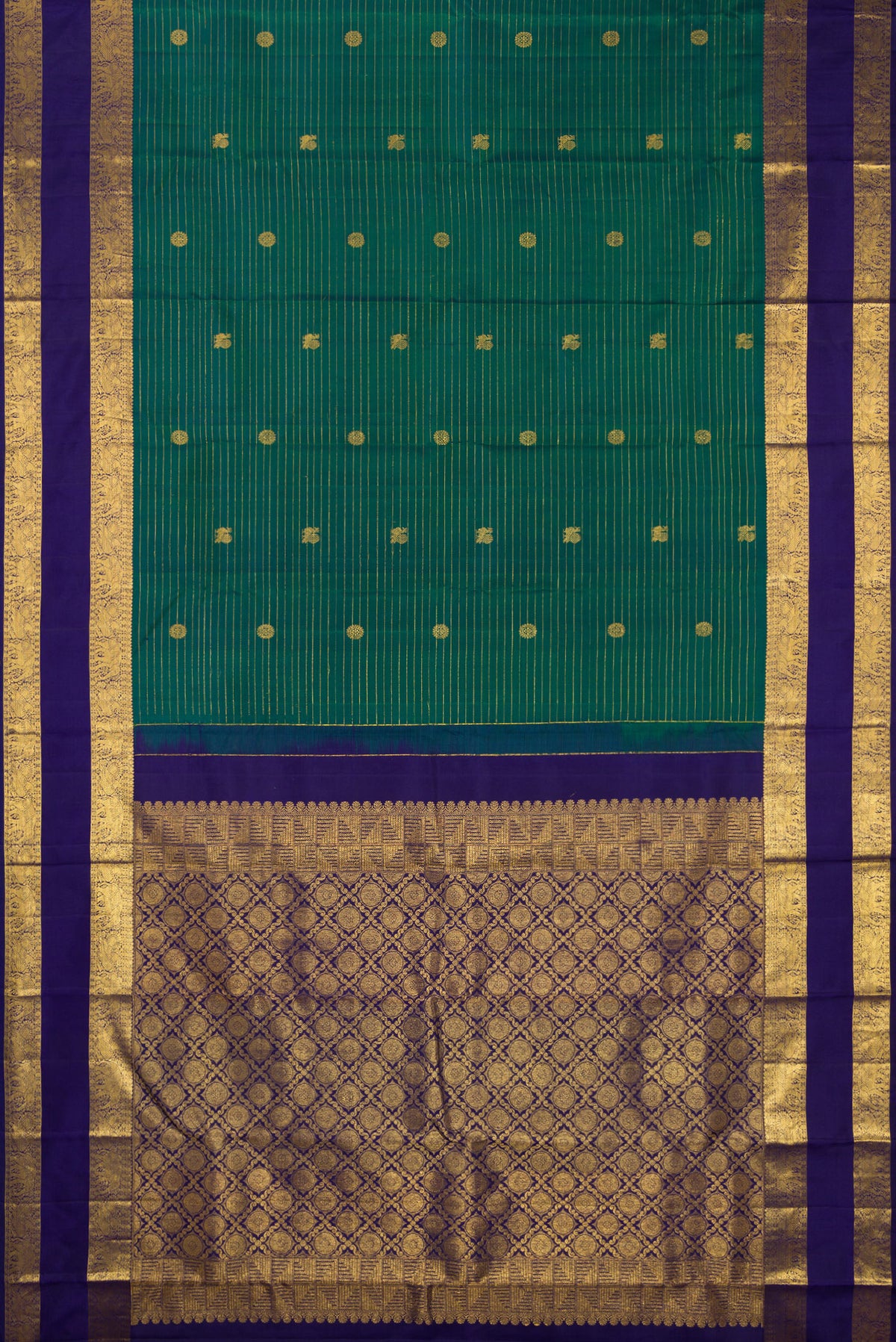 Flat view of Pure Silk Green Dual Tone Kanchipuram Saree with Zari Butta on the body and Zari Border. 
