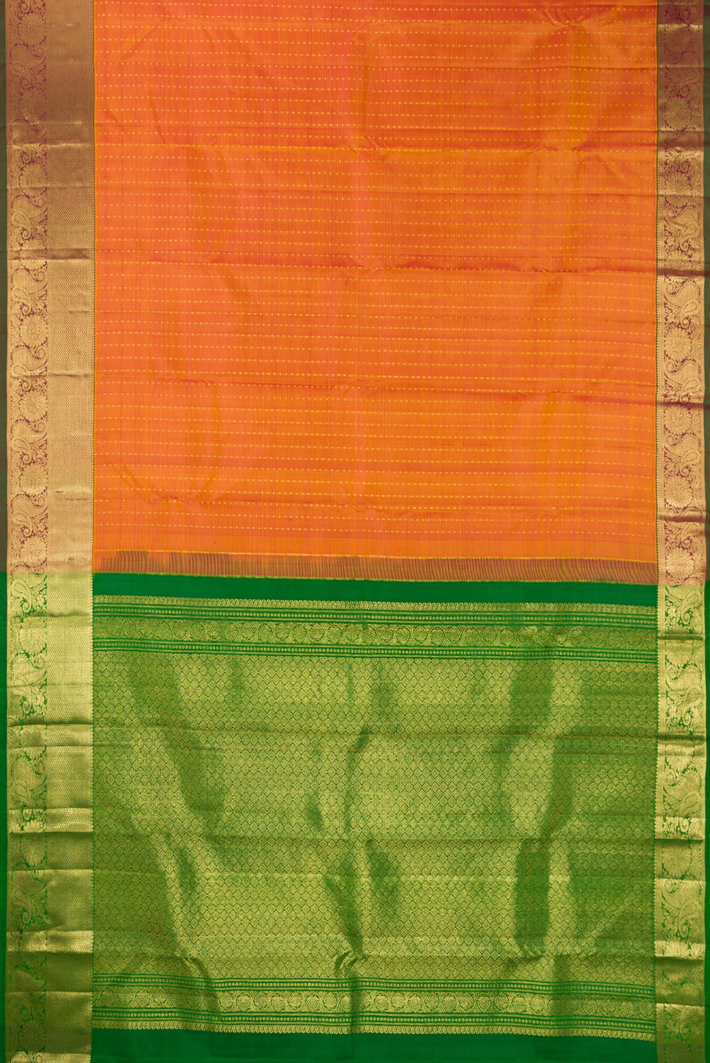 Flat view of Pure Silk Mustard Dual Tone Kanchipuram Saree with Zari Butta on the body and Zari Border. 
