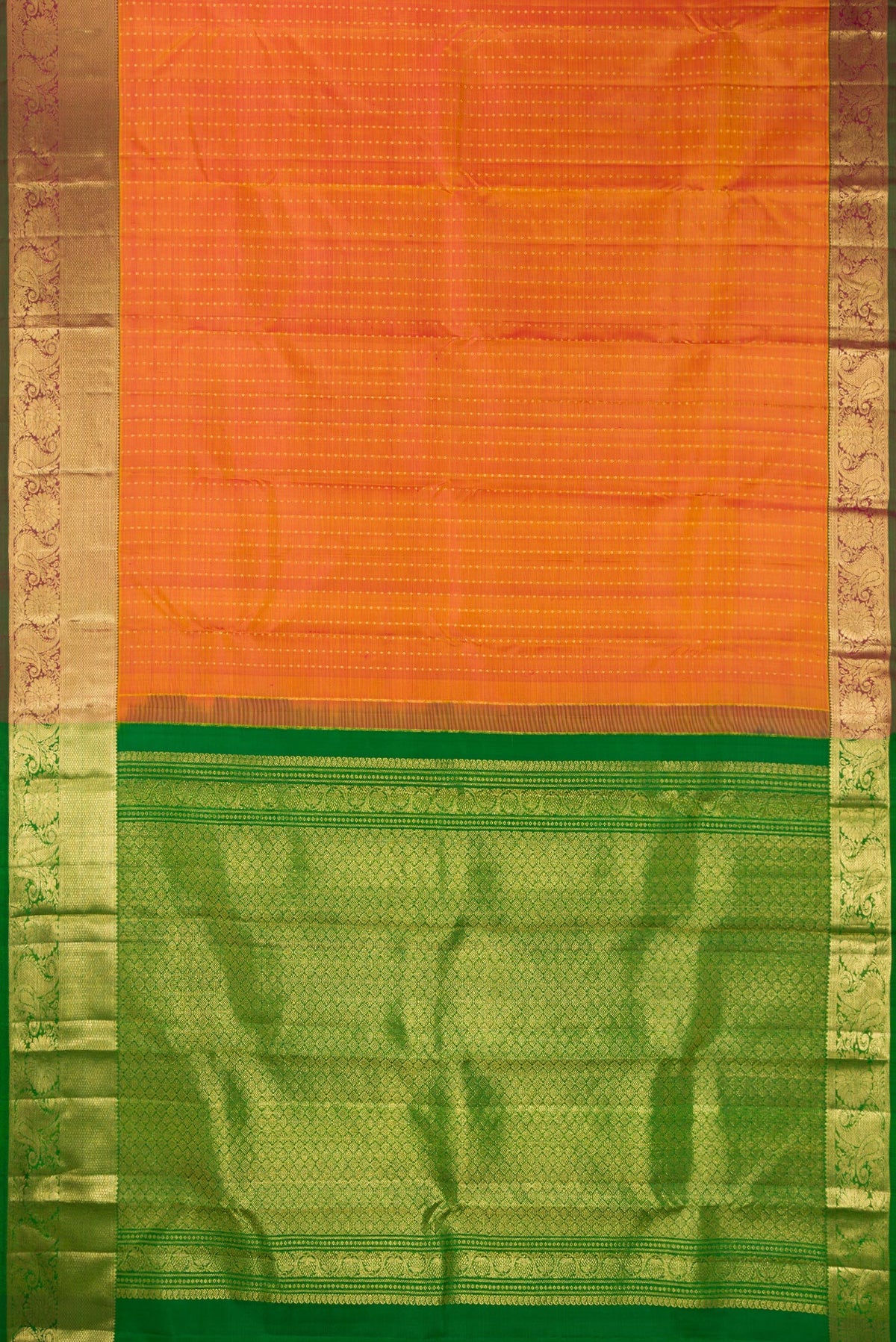 Flat view of Pure Silk Mustard Dual Tone Kanchipuram Saree with Zari Butta on the body and Zari Border. 