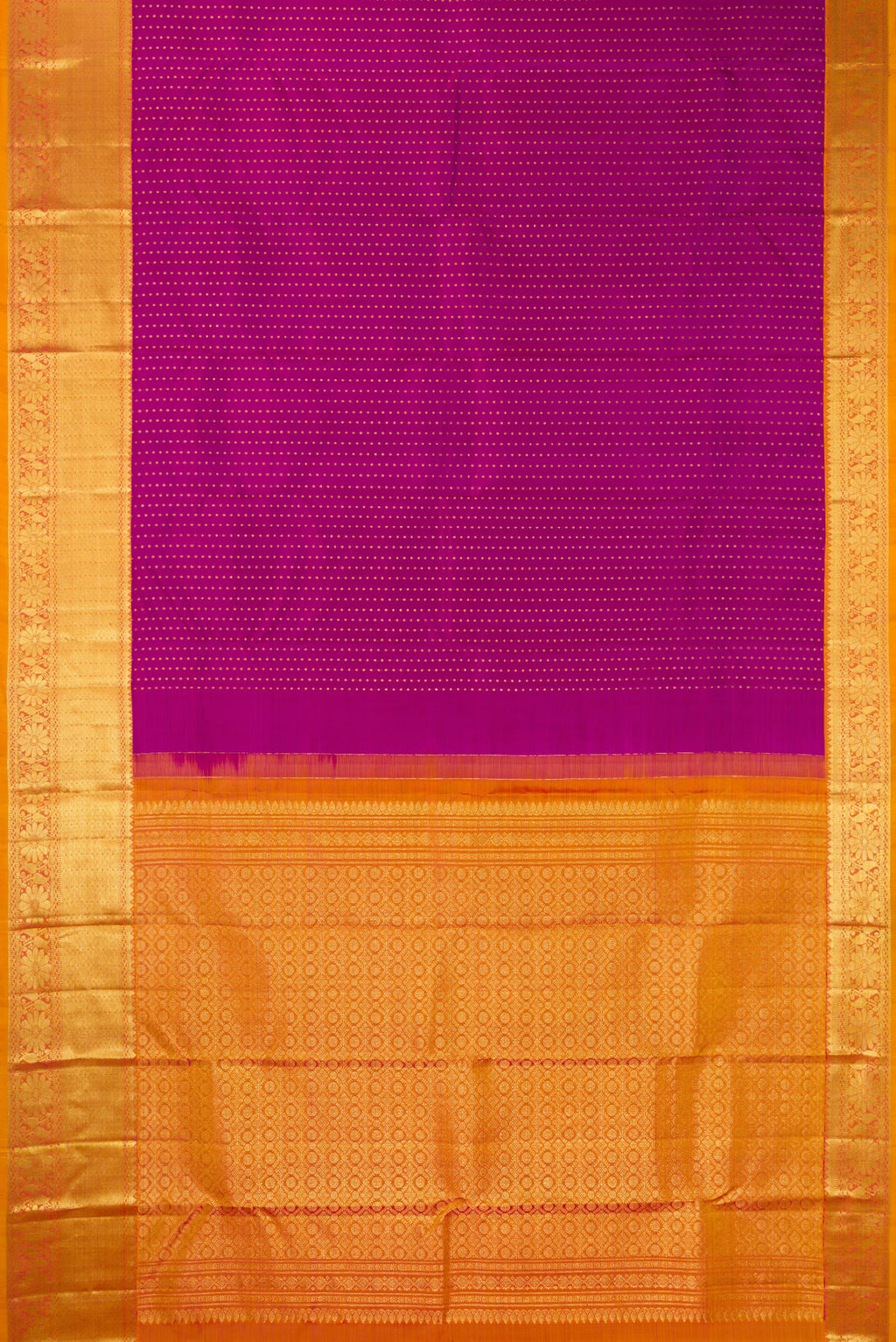 Flat view of Pure Silk Magenta Kanchipuram Saree with Zari Butta on the body and Zari Border. 
