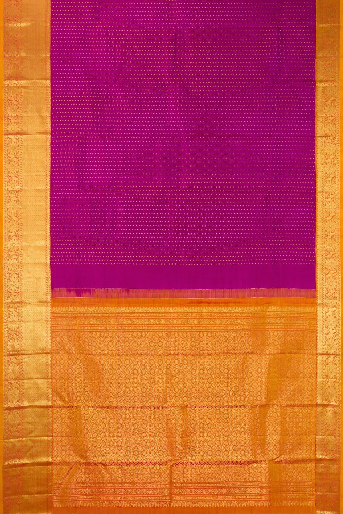 Flat view of Pure Silk Magenta Kanchipuram Saree with Zari Butta on the body and Zari Border. 
