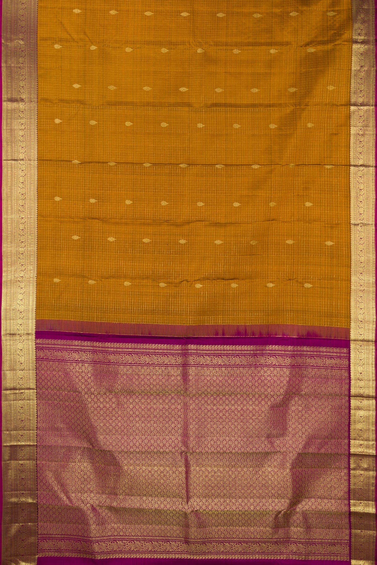 Flat view of Pure Silk Mustard Kanchipuram Saree with Checked design on the body and Zari Border. 