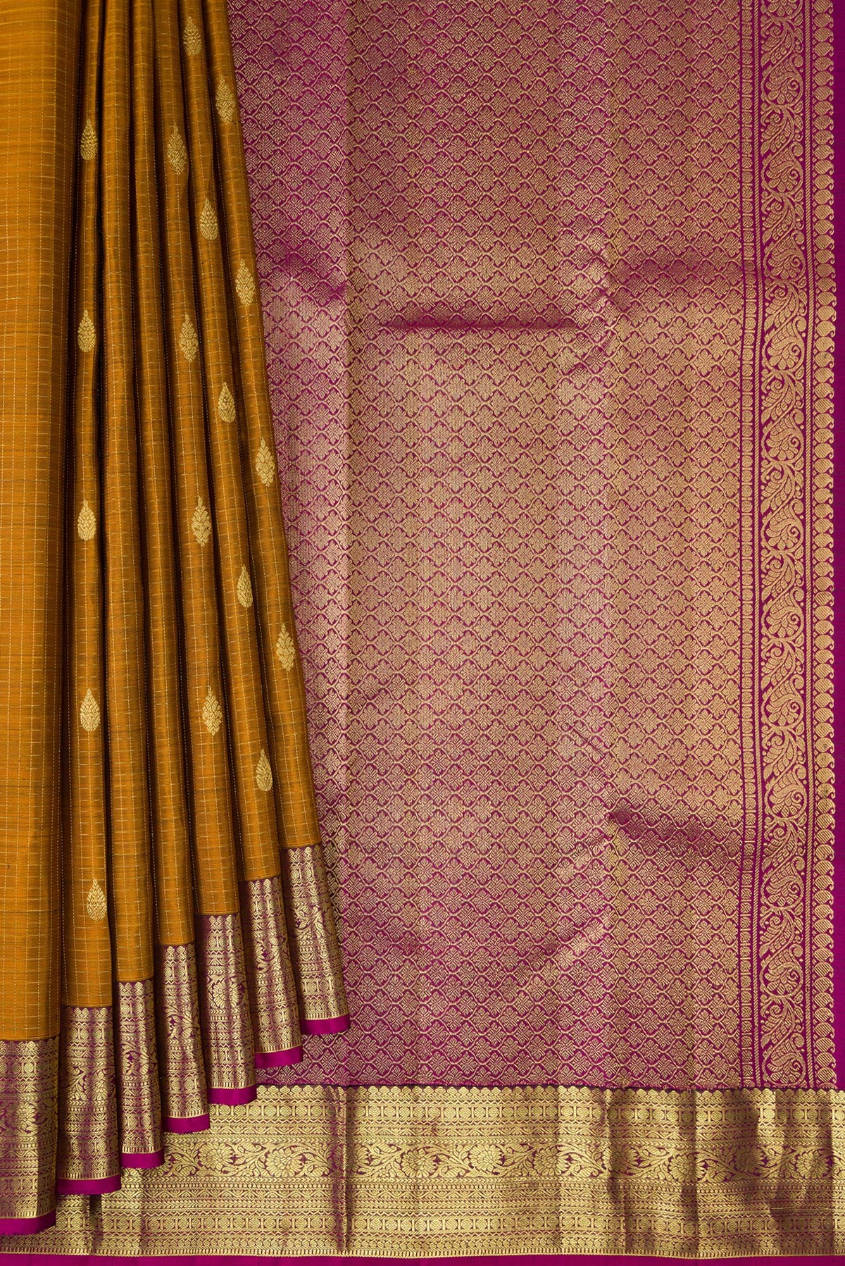 Pleats and pallu of Pure Silk Mustard Kanchipuram Saree with Checked design on the body and Zari Border. 