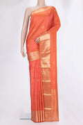 Pure Silk Brick Orange Dual Tone Kanchipuram Saree with Stripes on the body and Zari Border.  displayed on a mannequin