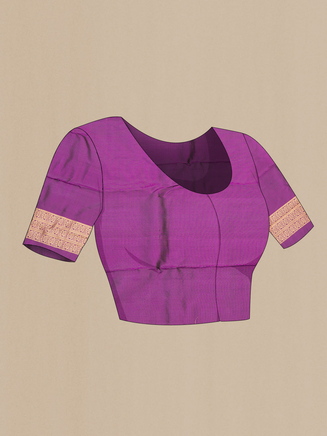 Close up image of the blouse of Pure Silk Pink Kanchipuram Saree with Zari Butta on the body and Zari Border. 