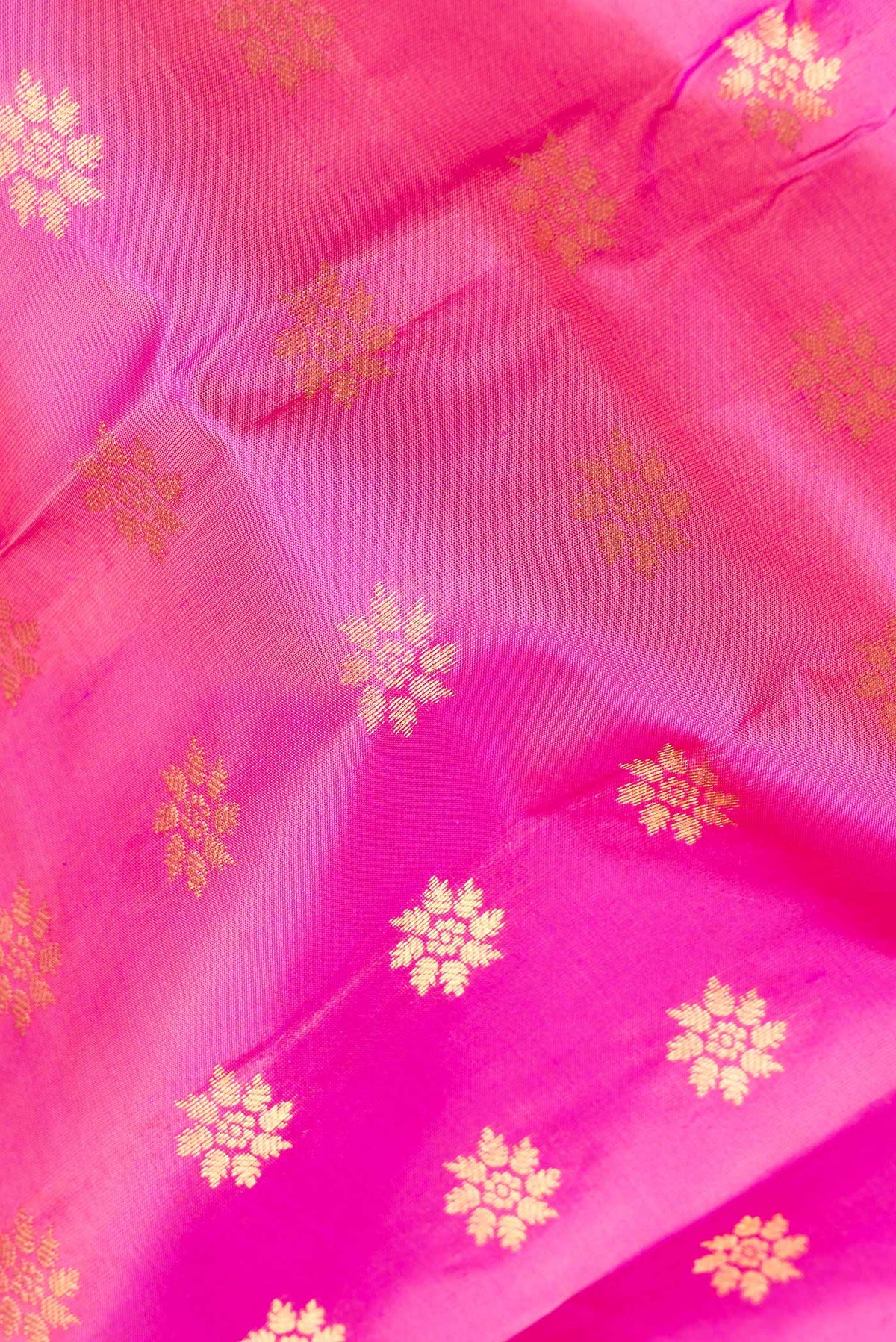 Close up of Pure Silk Pink Kanchipuram Saree with Zari Butta on the body and Zari Border.  displaying folds