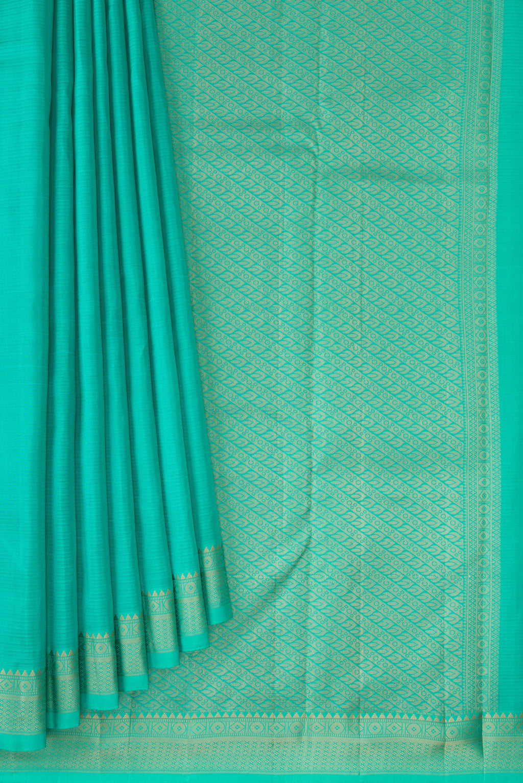 Pleats and pallu of Pure Silk Sea Green Kanjivaram Saree with Stripes on the body and Thread Border. 