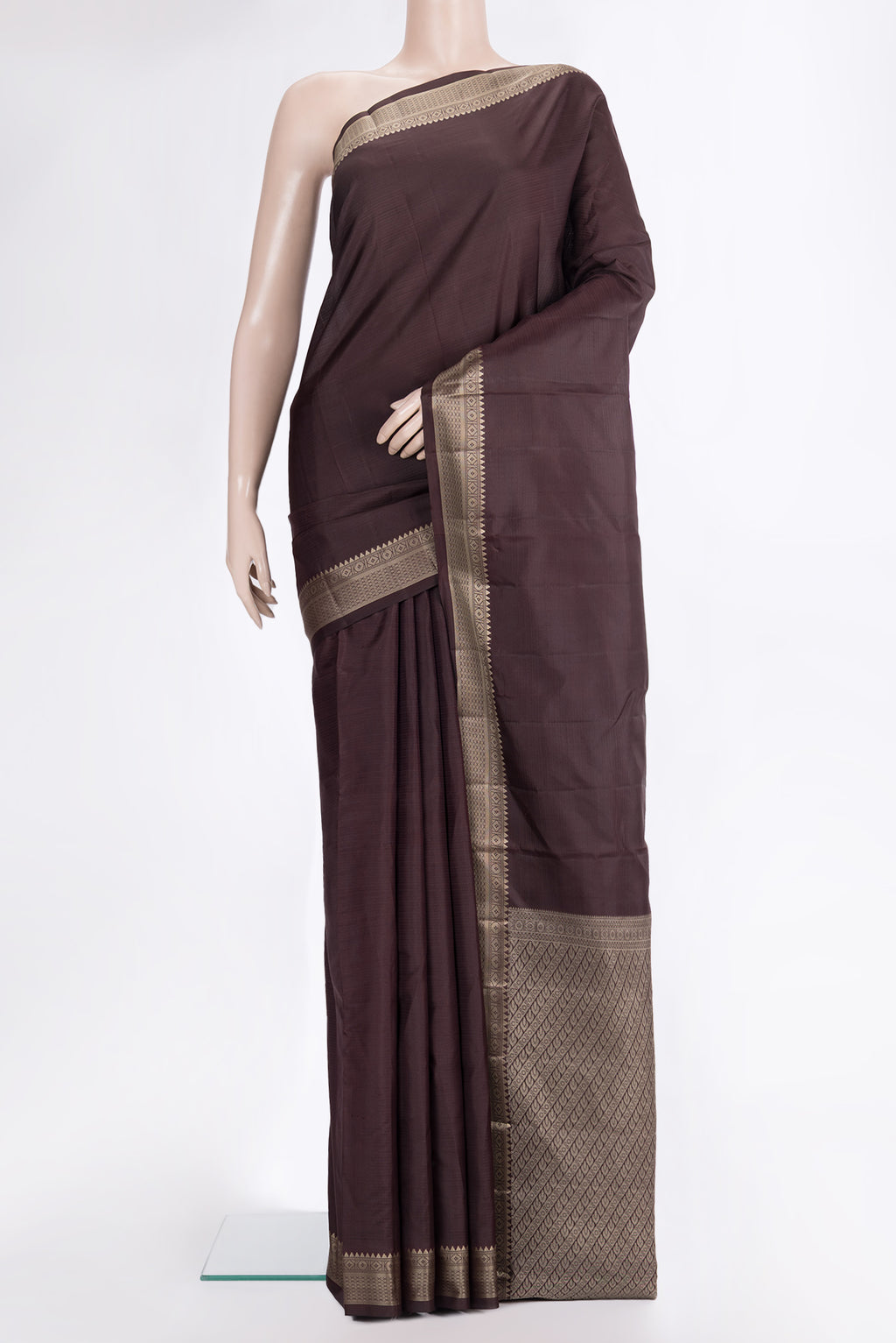 Pure Silk Coffee Brown Dual Tone Kanjivaram Saree with Plain Body and Thread Border.  displayed on a mannequin